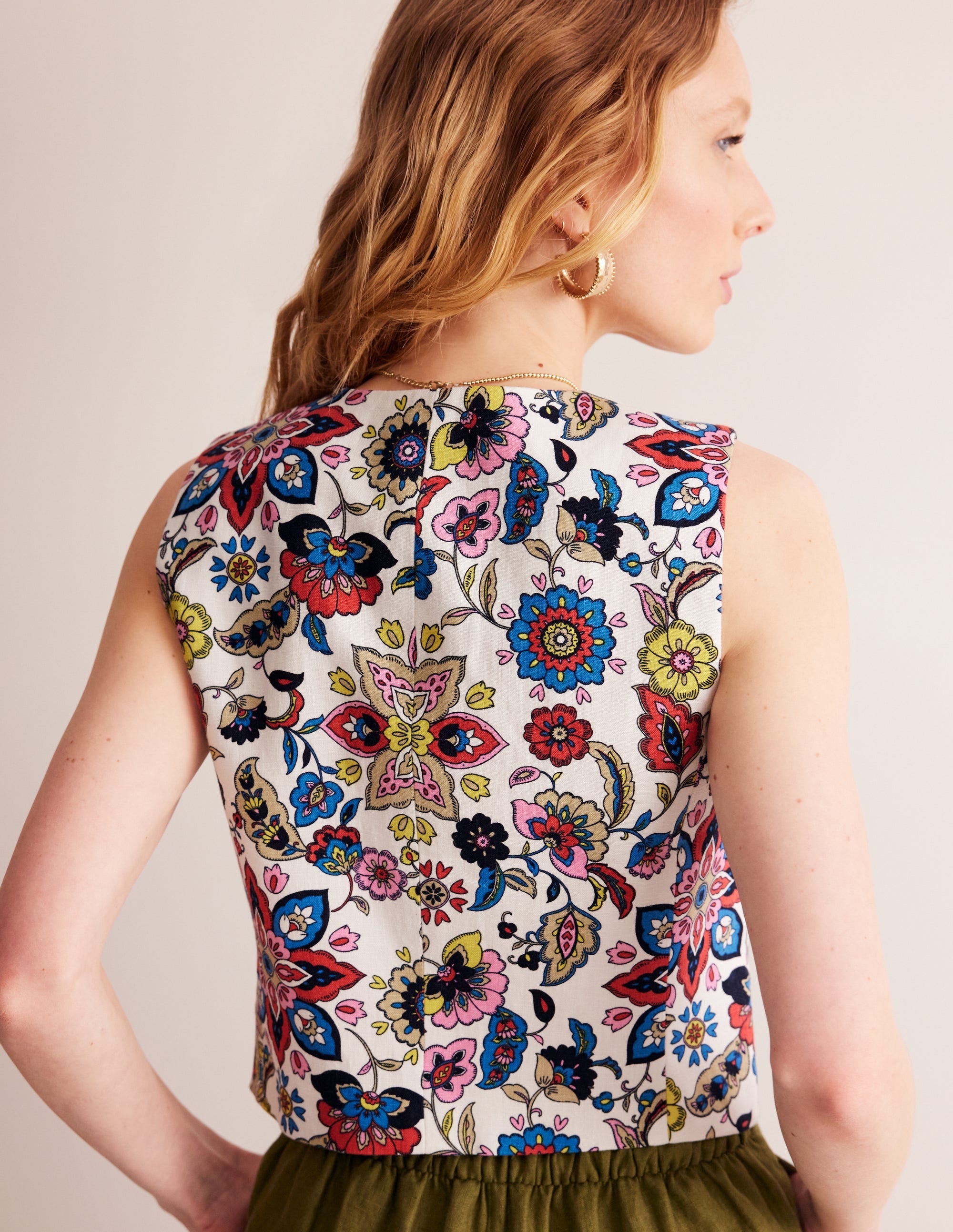 Gilet de costume col V en lin-Ivoire, motif Botanic Sprig - Image 3