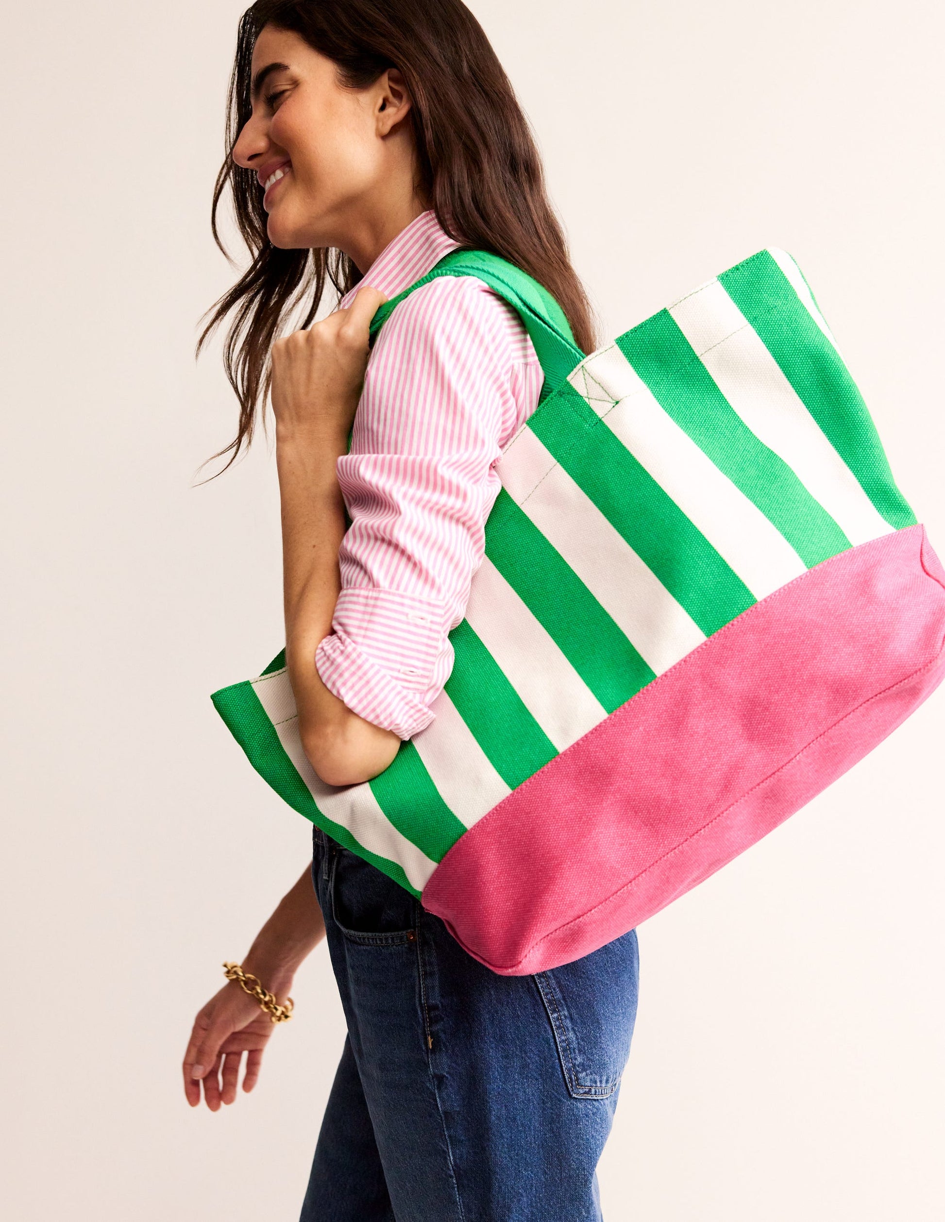 Sac cabas décontracté en toile-Rayé vert-1