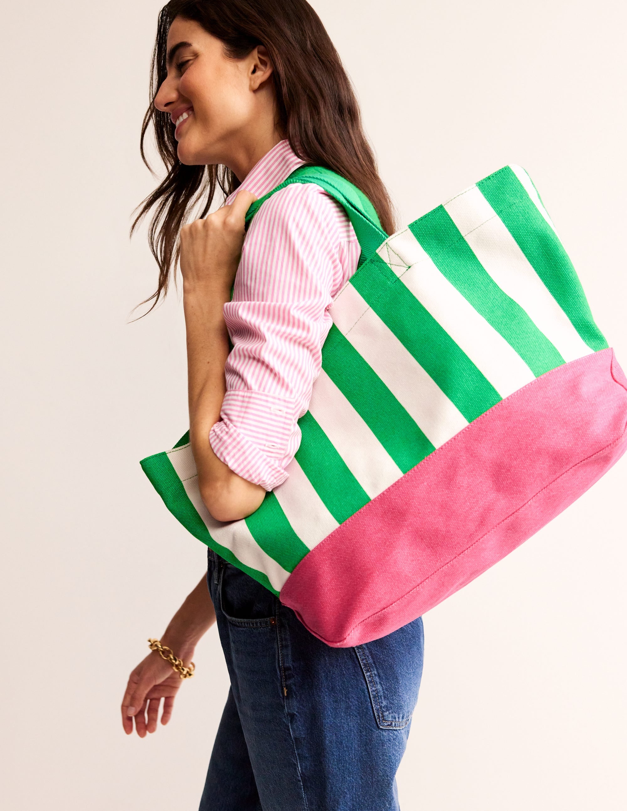Sac cabas décontracté en toile-Rayé vert - Image 1
