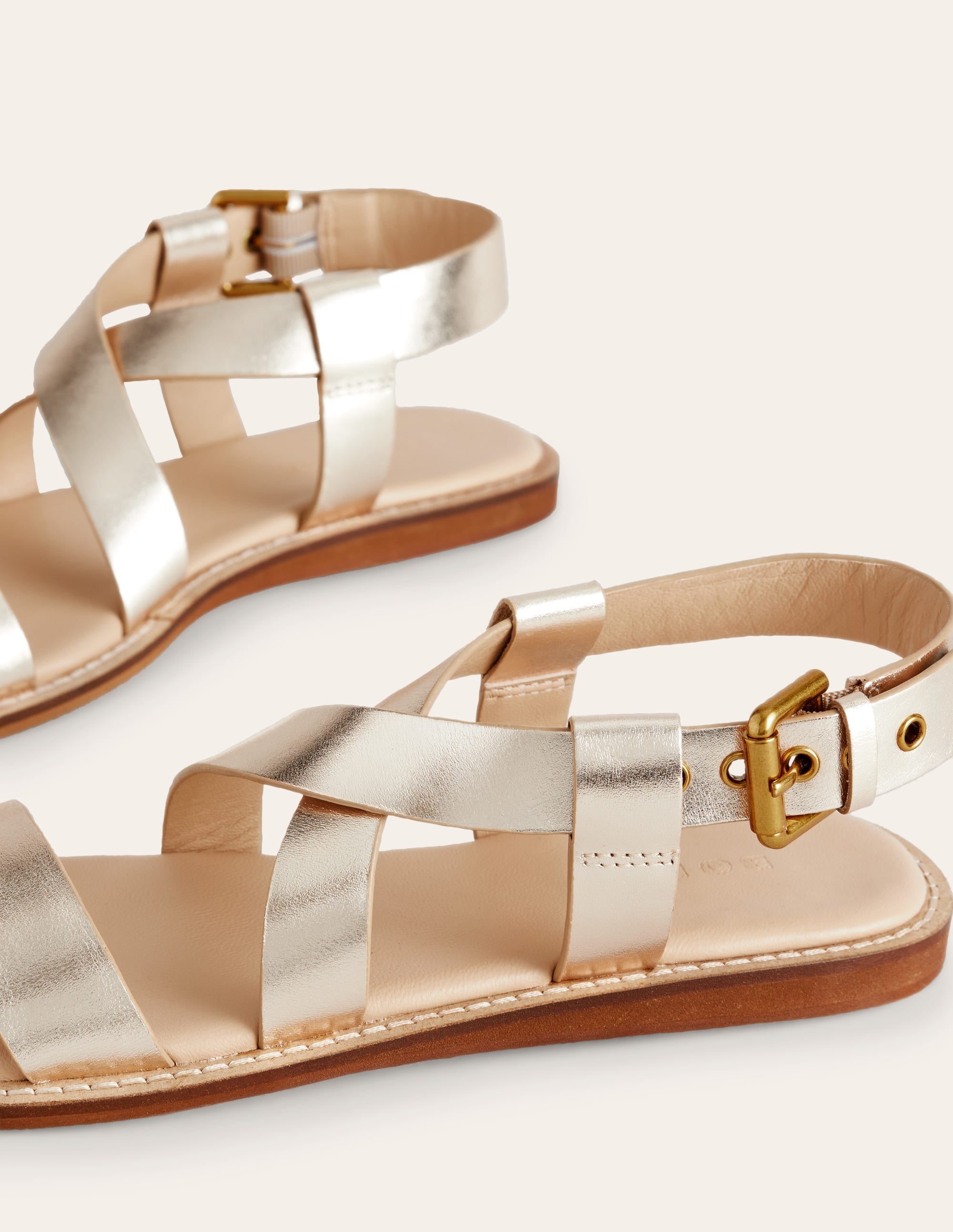 Cross Strap Flat Sandals-Gold Leather - Image 5
