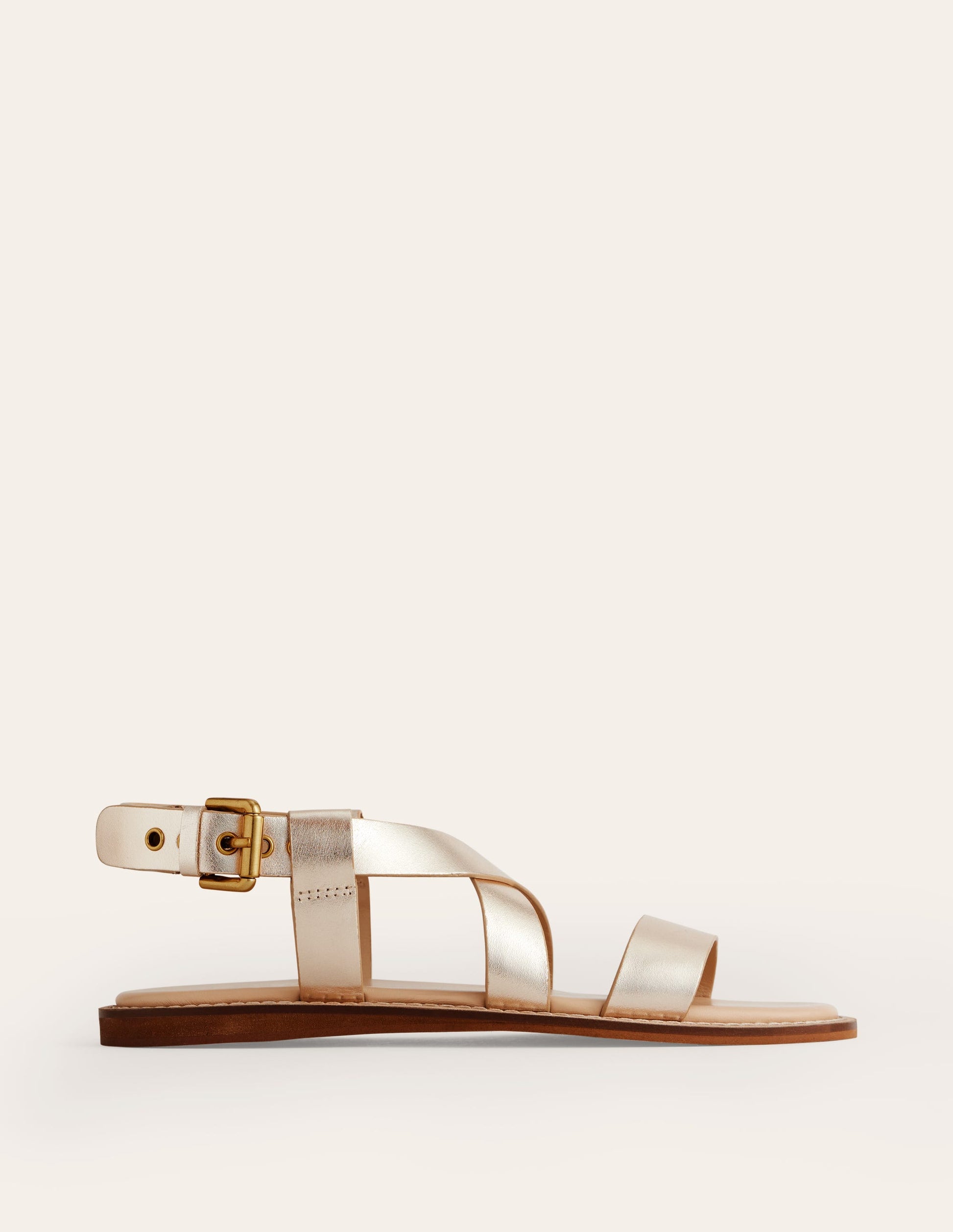 Cross Strap Flat Sandals-Gold Leather-3