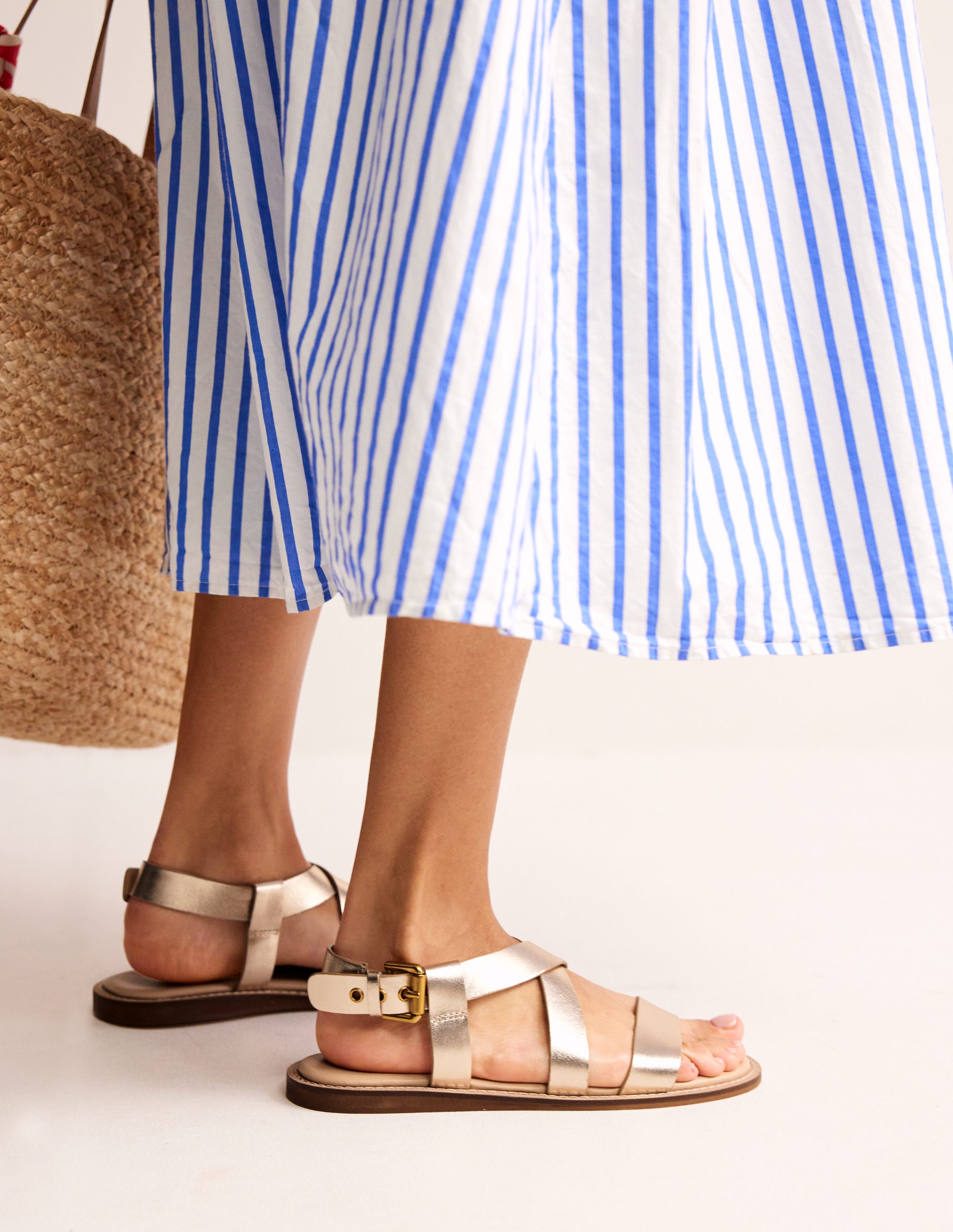 Cross Strap Flat Sandals-Gold Leather - Image 1