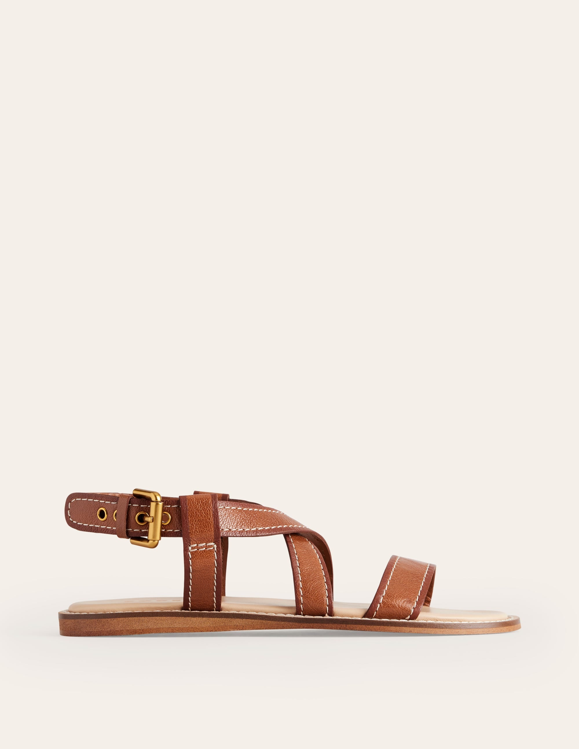 Flache Sandalen mit überkreuztem Riemen-Hellbraunes Lux-Leder - Image 3