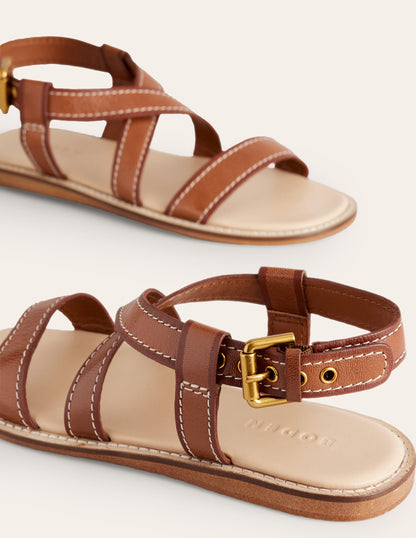 Flache Sandalen mit überkreuztem Riemen-Hellbraunes Lux-Leder