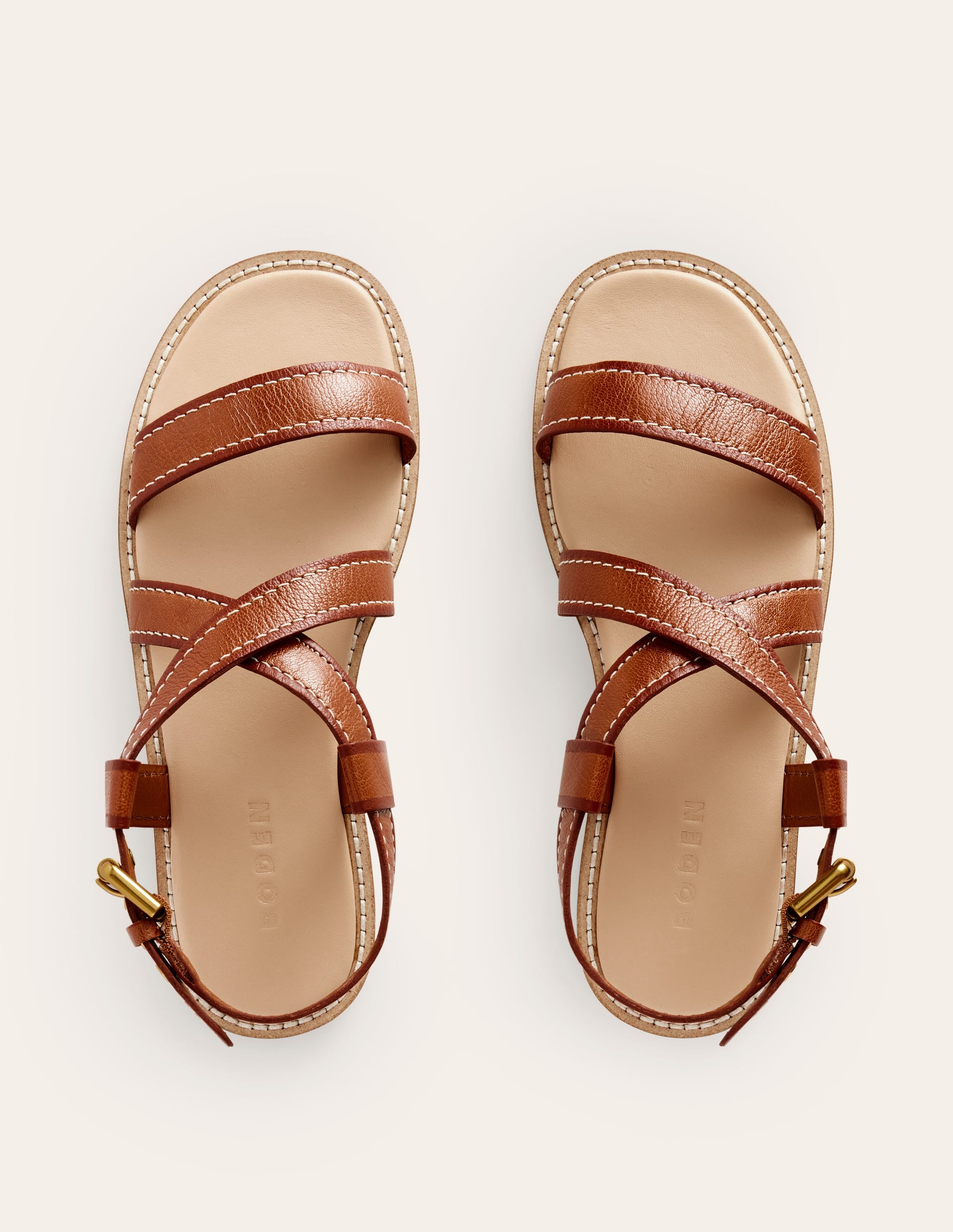 Flache Sandalen mit überkreuztem Riemen-Hellbraunes Lux-Leder - Image 6