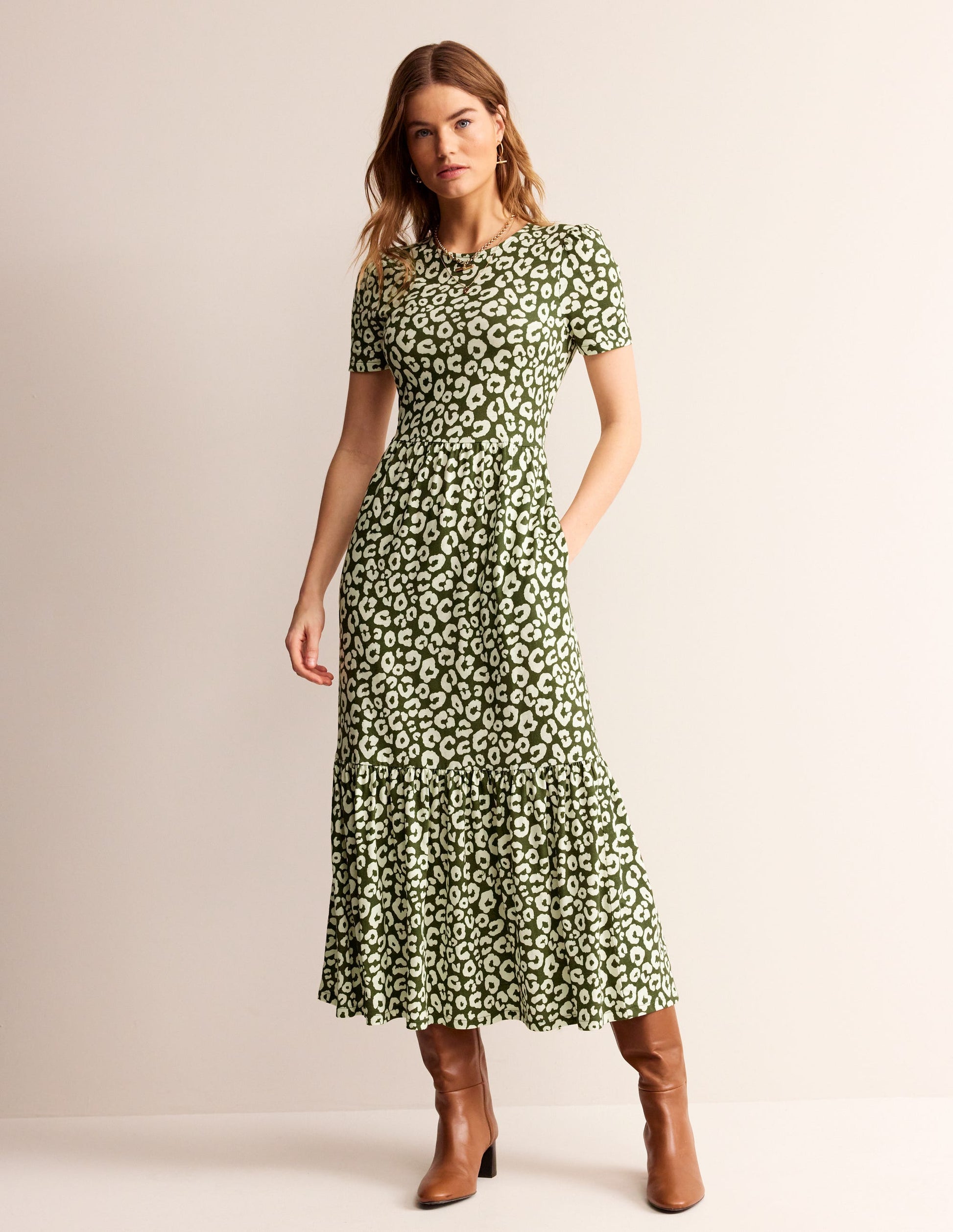 Emma Gestuftes Jersey-Midikleid-Wintermoos, Tierisch Gepard-1