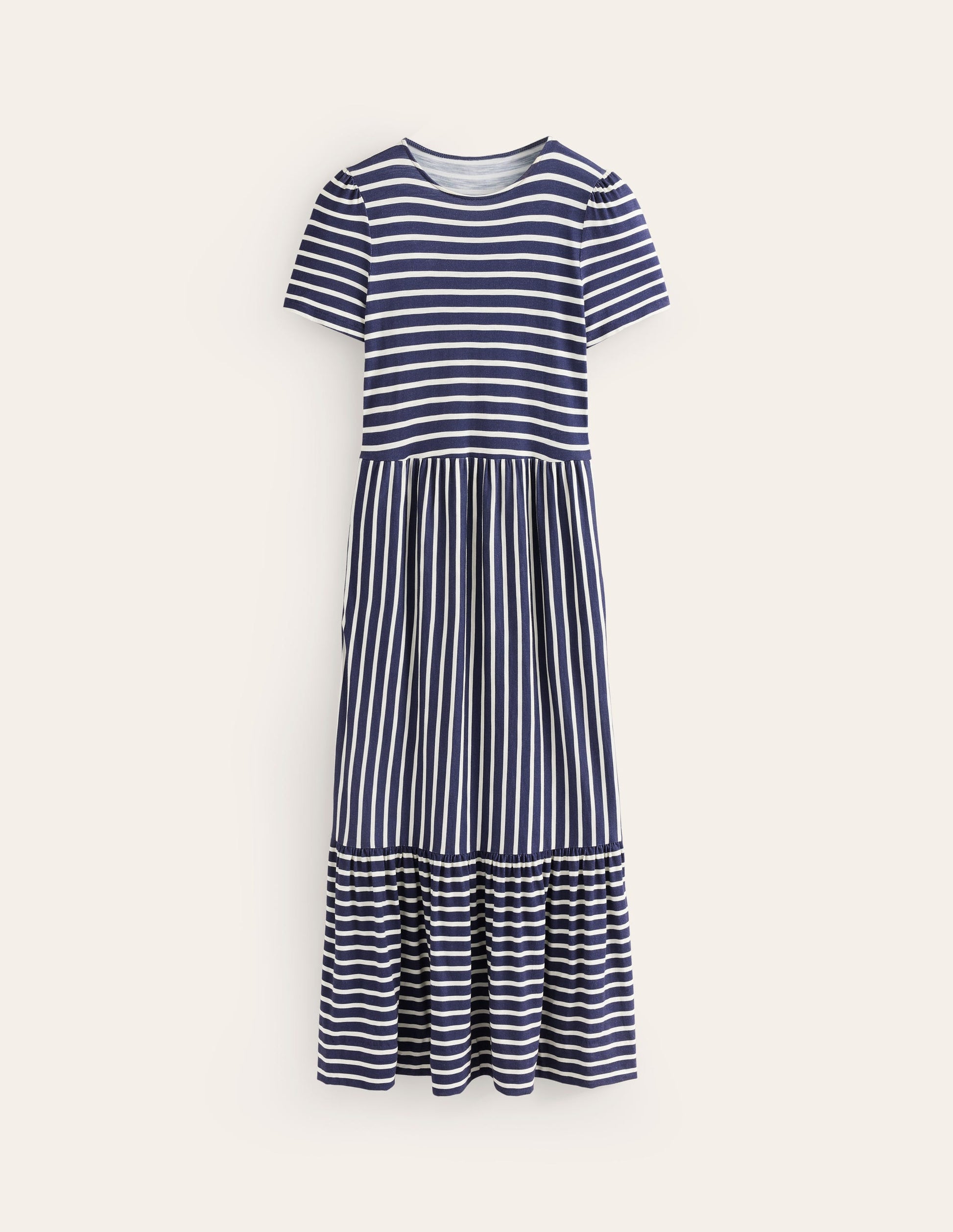 Emma Gestuftes Jersey-Midikleid-Französisches Marineblau/Naturweiß Gestreift-6