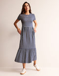 Emma Gestuftes Jersey-Midikleid-Französisches Marineblau/Naturweiß Gestreift