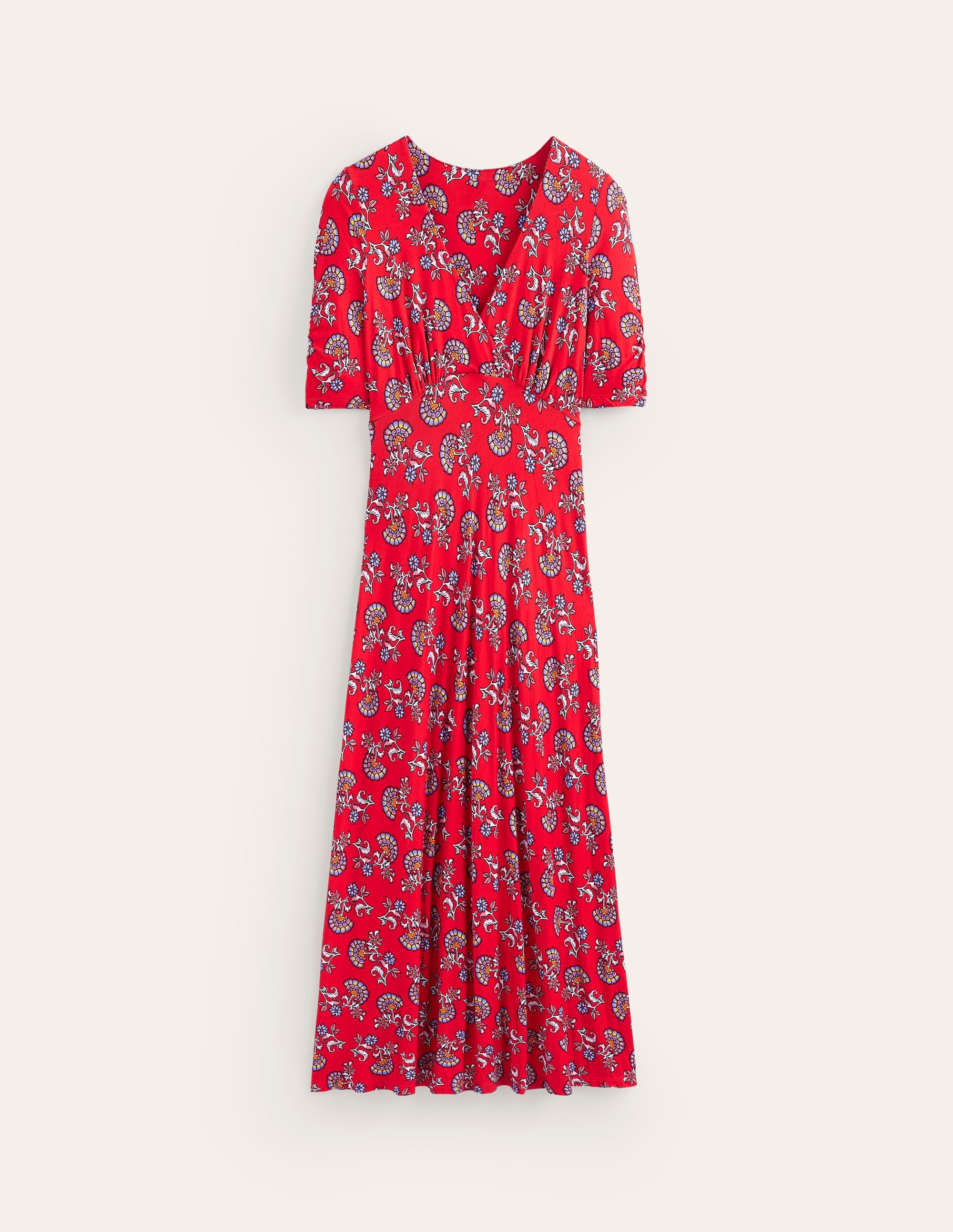 Rebecca Midi-Teekleid aus Jersey-Flame Scarlet, Botanischer Strauß - Image 6