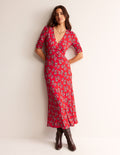 Rebecca Midi-Teekleid aus Jersey-Flame Scarlet, Botanischer Strauß