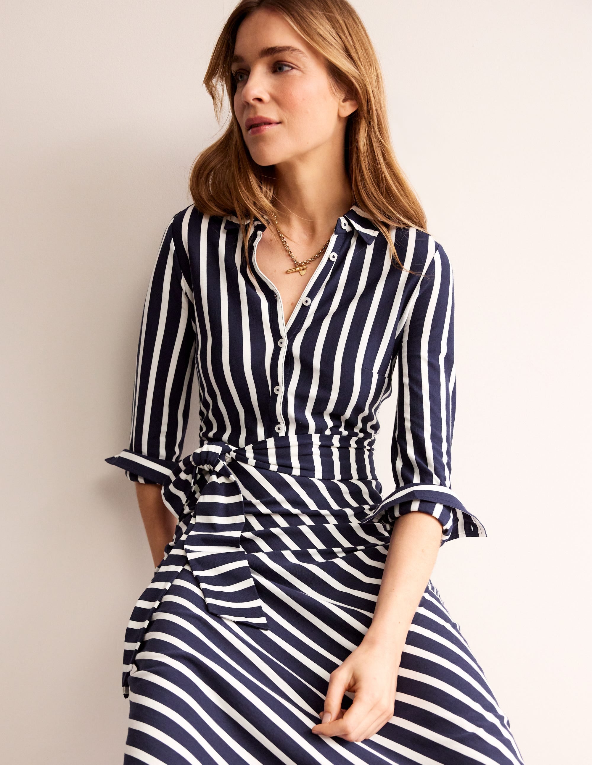 Laura Midi-Hemdblusenkleid aus Jersey-Französisches Marineblau/Naturweiß Gestreift - Image 1