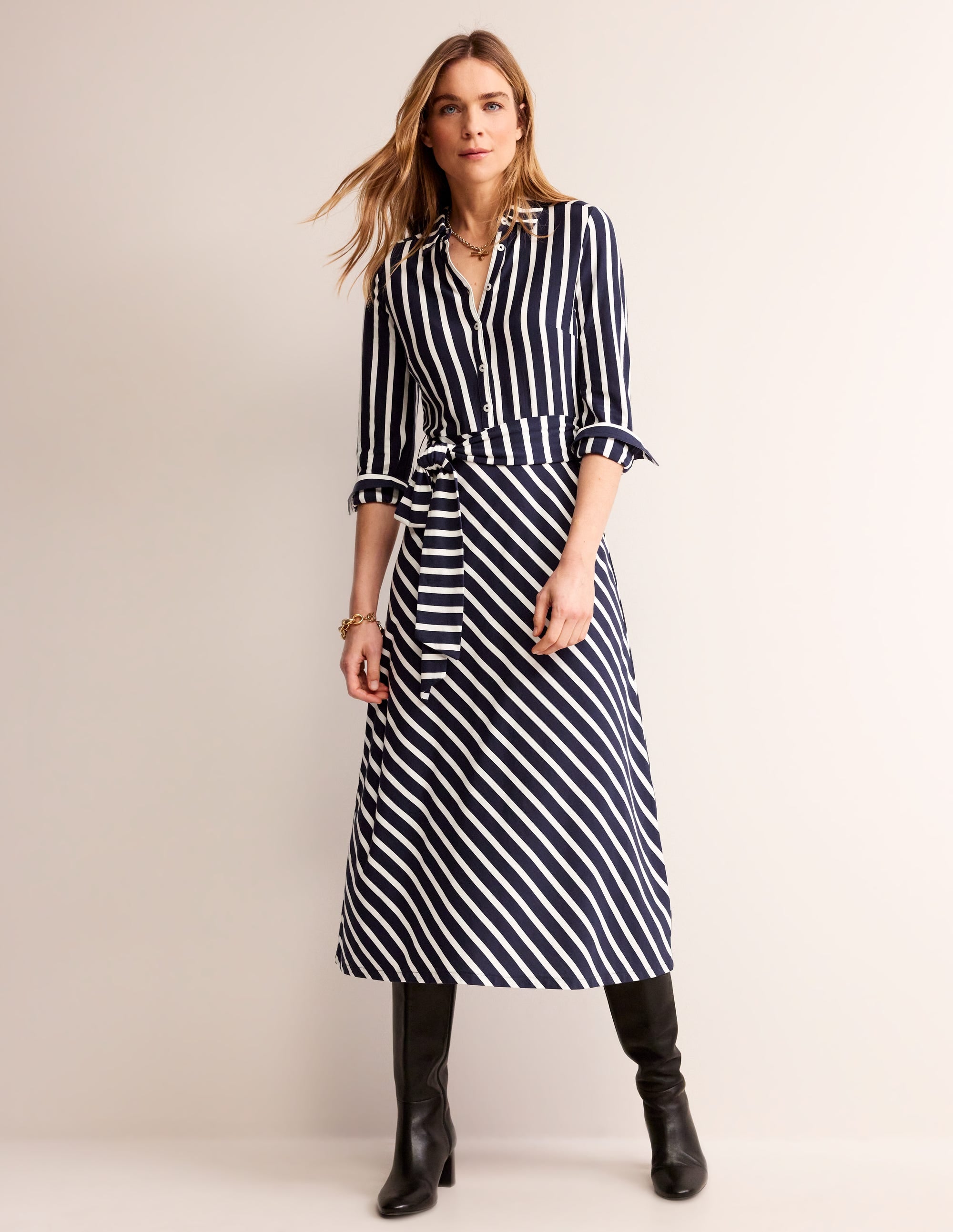 Laura Midi-Hemdblusenkleid aus Jersey-Französisches Marineblau/Naturweiß Gestreift - Image 2