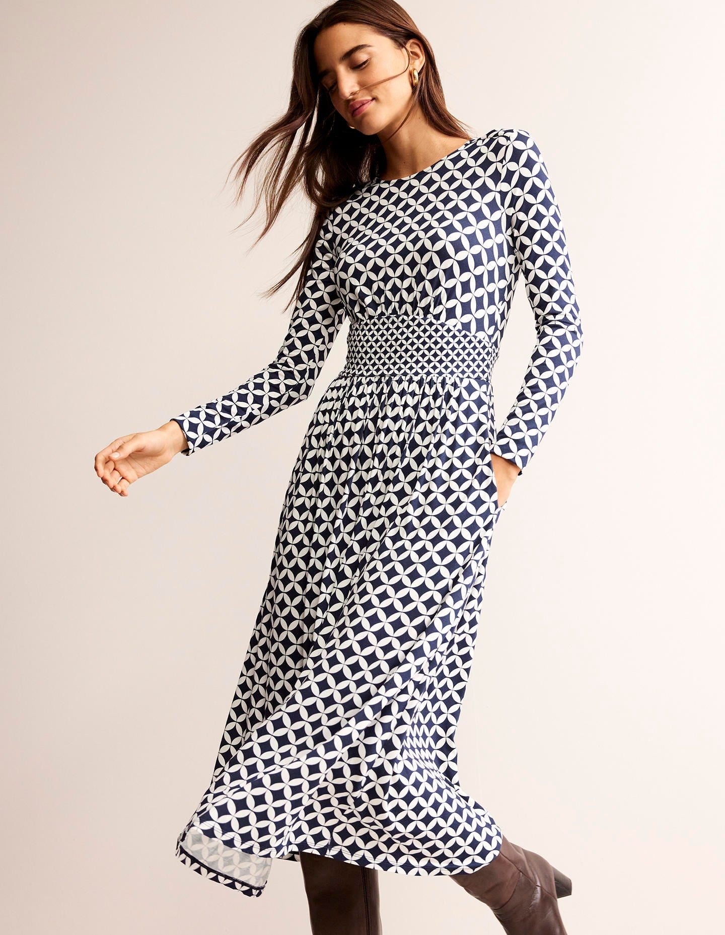 Thea Jersey-Midikleid mit langen Ärmeln-Französisches Marineblau, Diamond Terrace-1