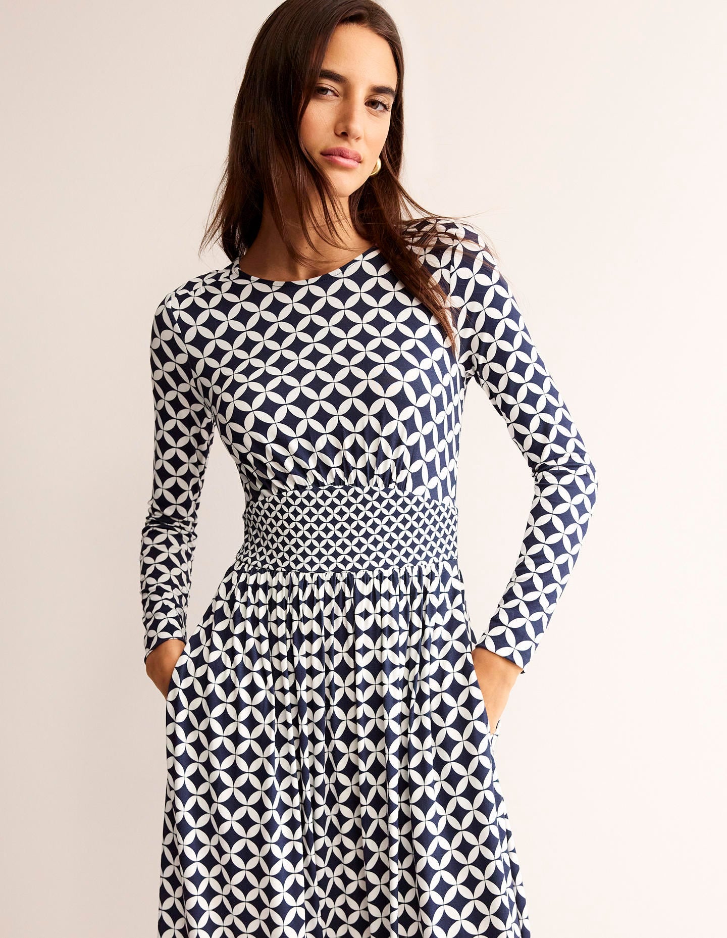 Thea Jersey-Midikleid mit langen Ärmeln-Französisches Marineblau, Diamond Terrace-2