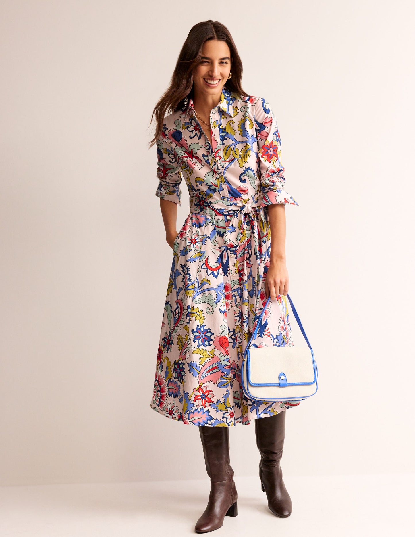 Amy Midi-Hemdblusenkleid aus Baumwolle-Marshmallow, Blumenstrauß