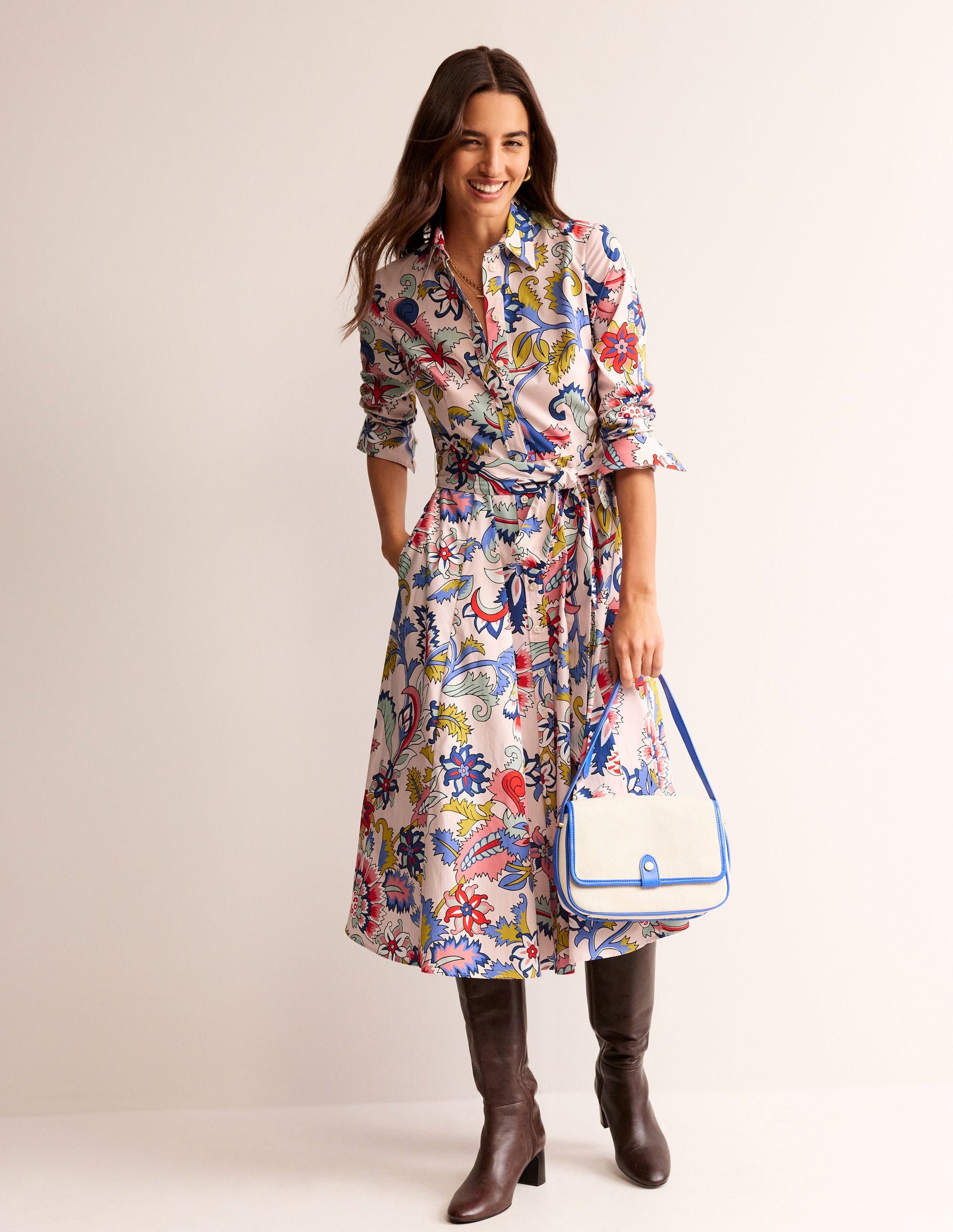 Amy Midi-Hemdblusenkleid aus Baumwolle-Marshmallow, Blumenstrauß-4