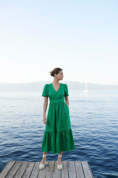 Robe midi Eve en lin-Vert tambourin-6
