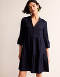 Robe courte Sophia en lin-Bleu Marine, Petits Pois
