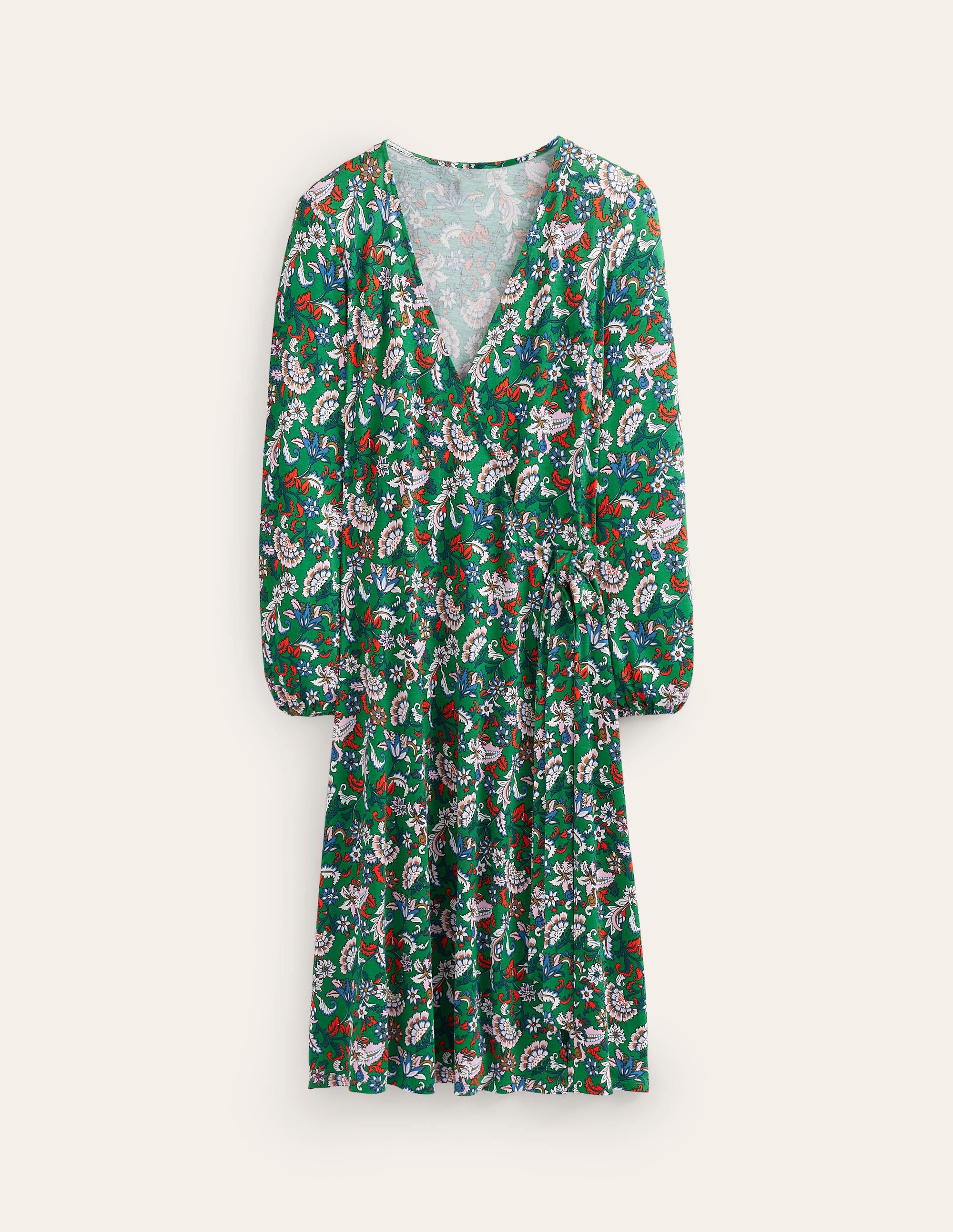 Joanna Midi-Wickelkleid aus Jersey-Grün, Blumenstrauß - Image 5