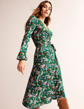 Joanna Midi-Wickelkleid aus Jersey-Grün, Blumenstrauß