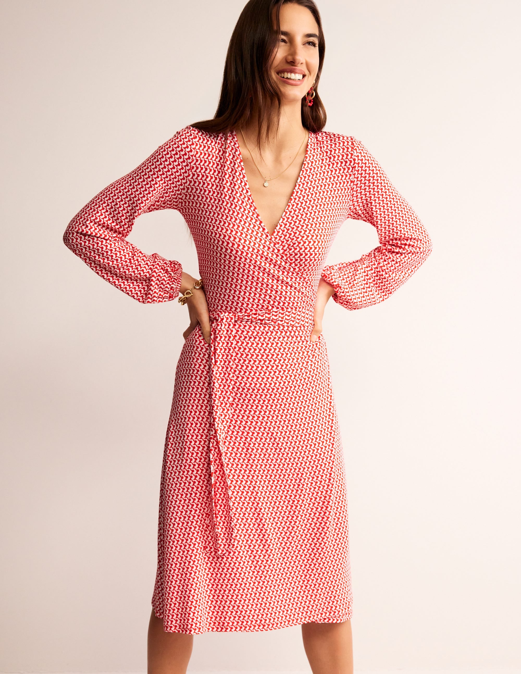 Robe portefeuille midi Joanna en jersey-Flamme écarlate, motif Arc Geo - Image 1