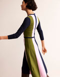 Robe en maille colourblock-Bleu marine, mousse hivernale, brume mauve