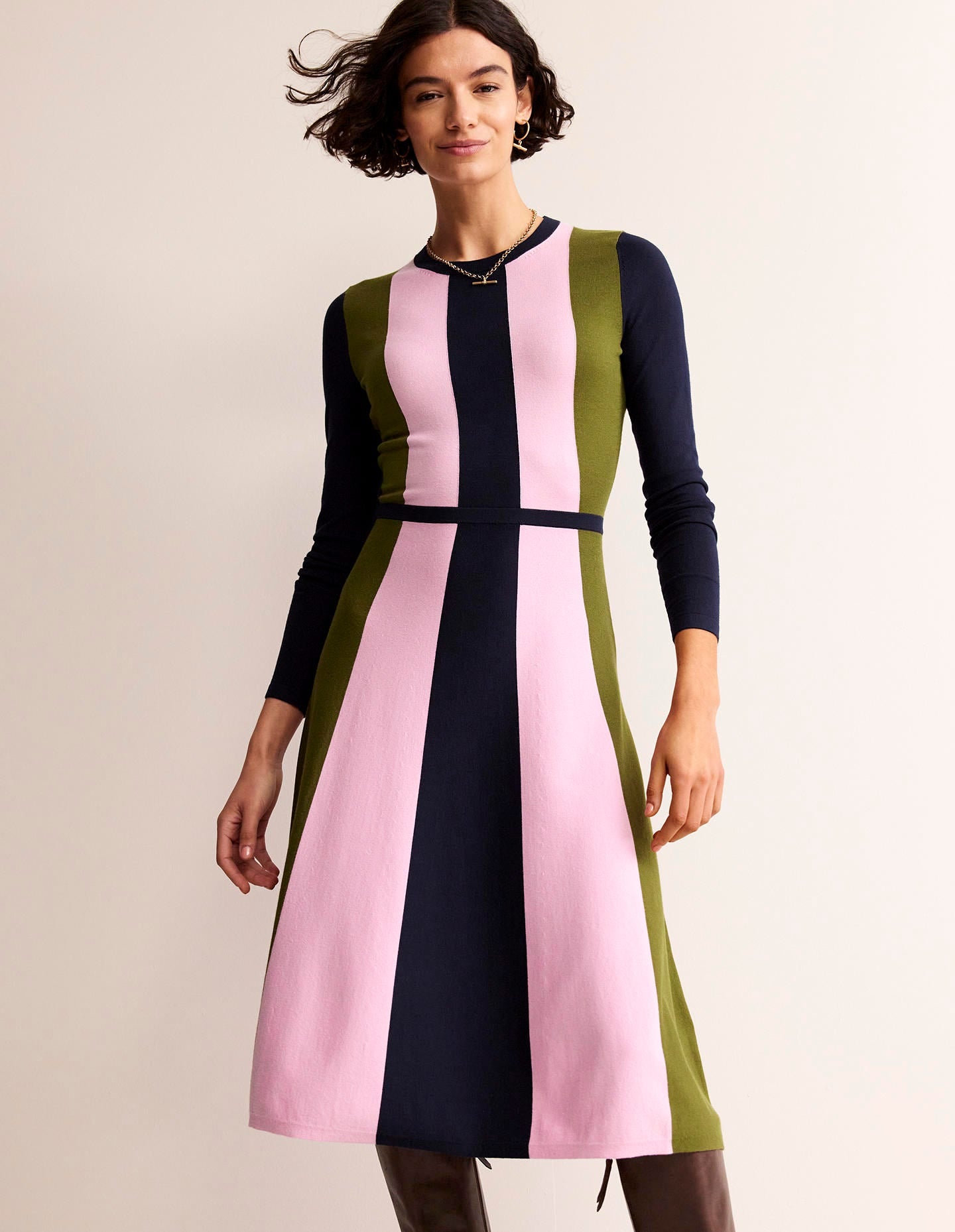 Robe en maille colourblock-Bleu marine, mousse hivernale, brume mauve - Image 2