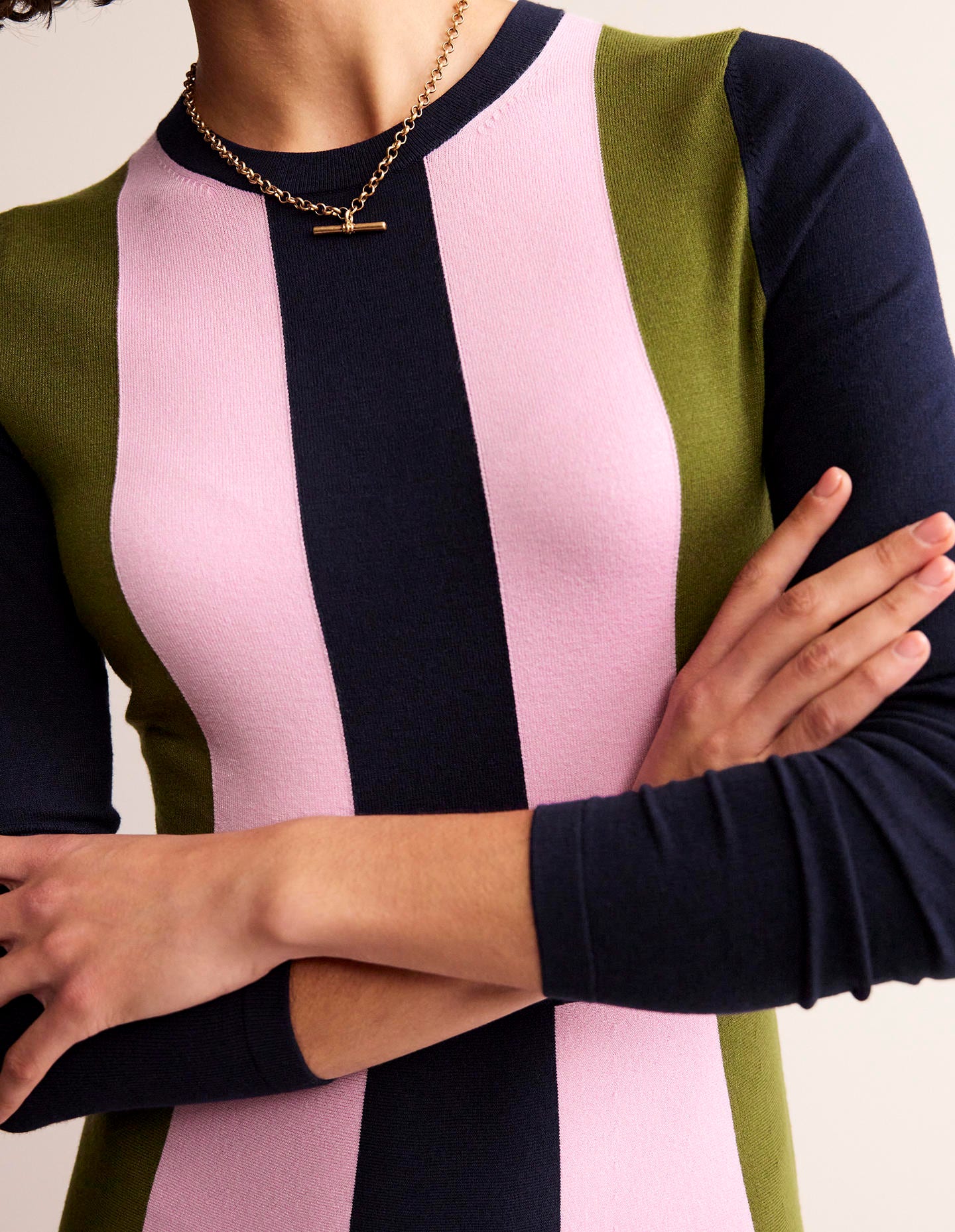 Robe en maille colourblock-Bleu marine, mousse hivernale, brume mauve - Image 3