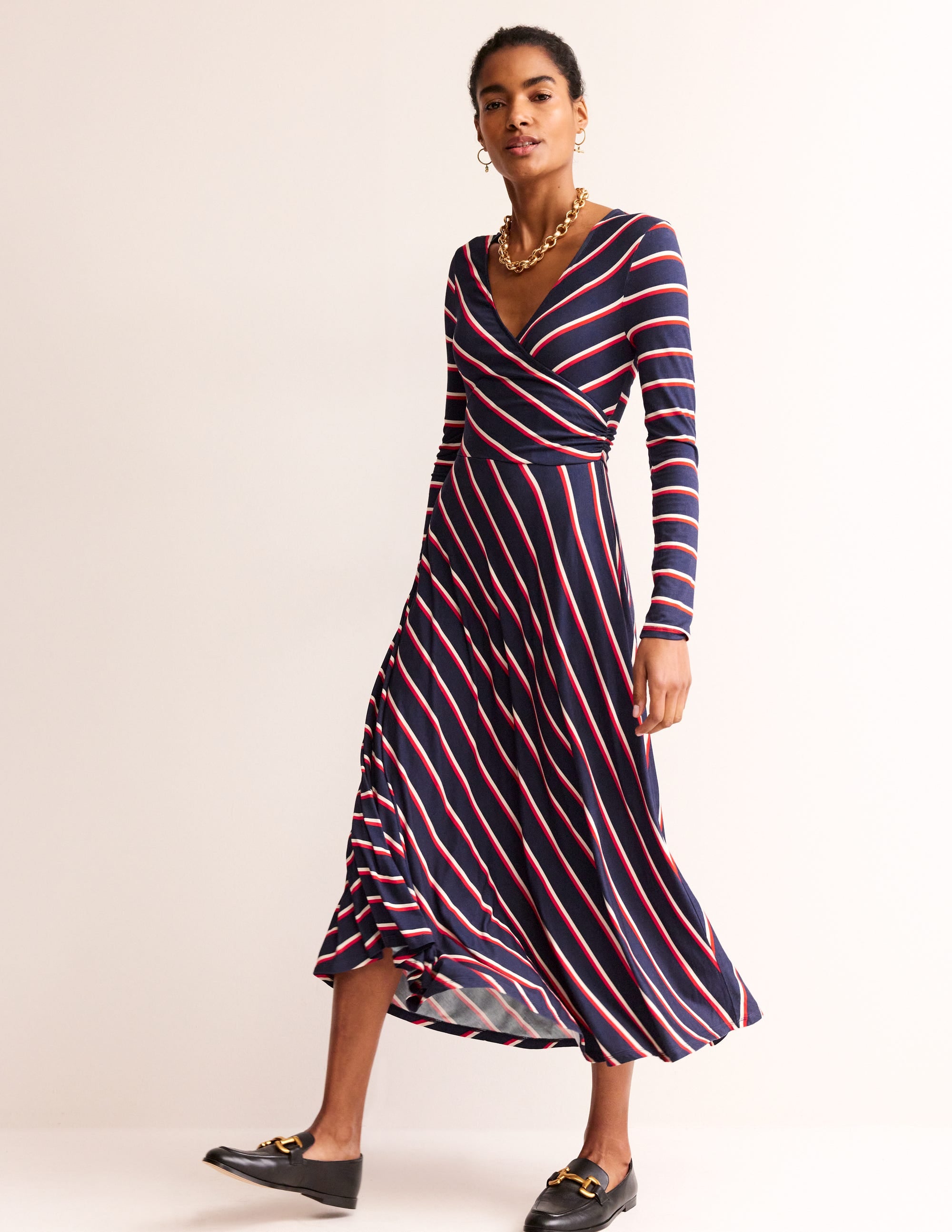 Robe midi en jersey à rayures pêle-mêle-Rayé bleu marine, rayé, blanc - Image 1