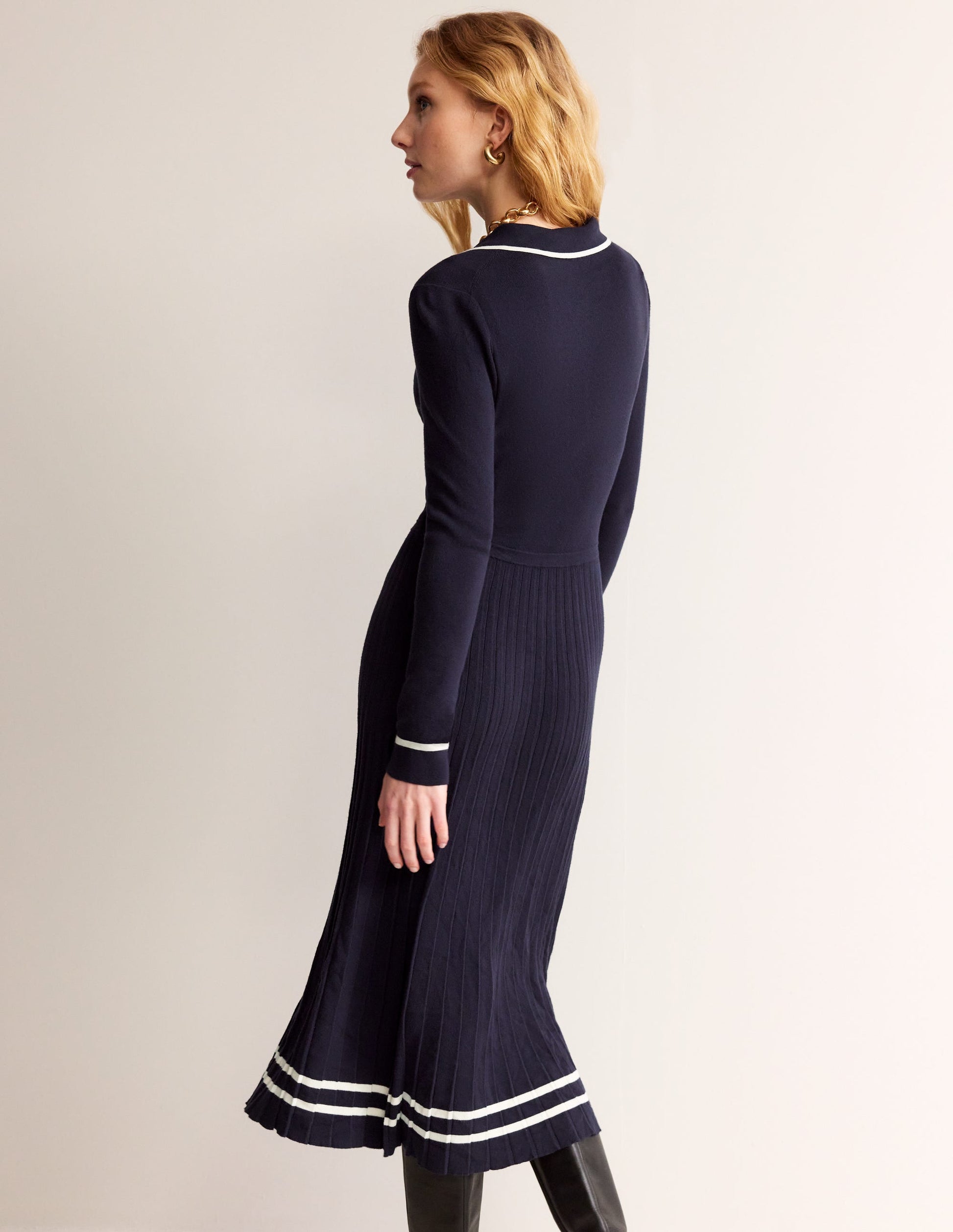 Mollie Plissiertes Strickkleid-Marineblau Warmes Naturweiß-3