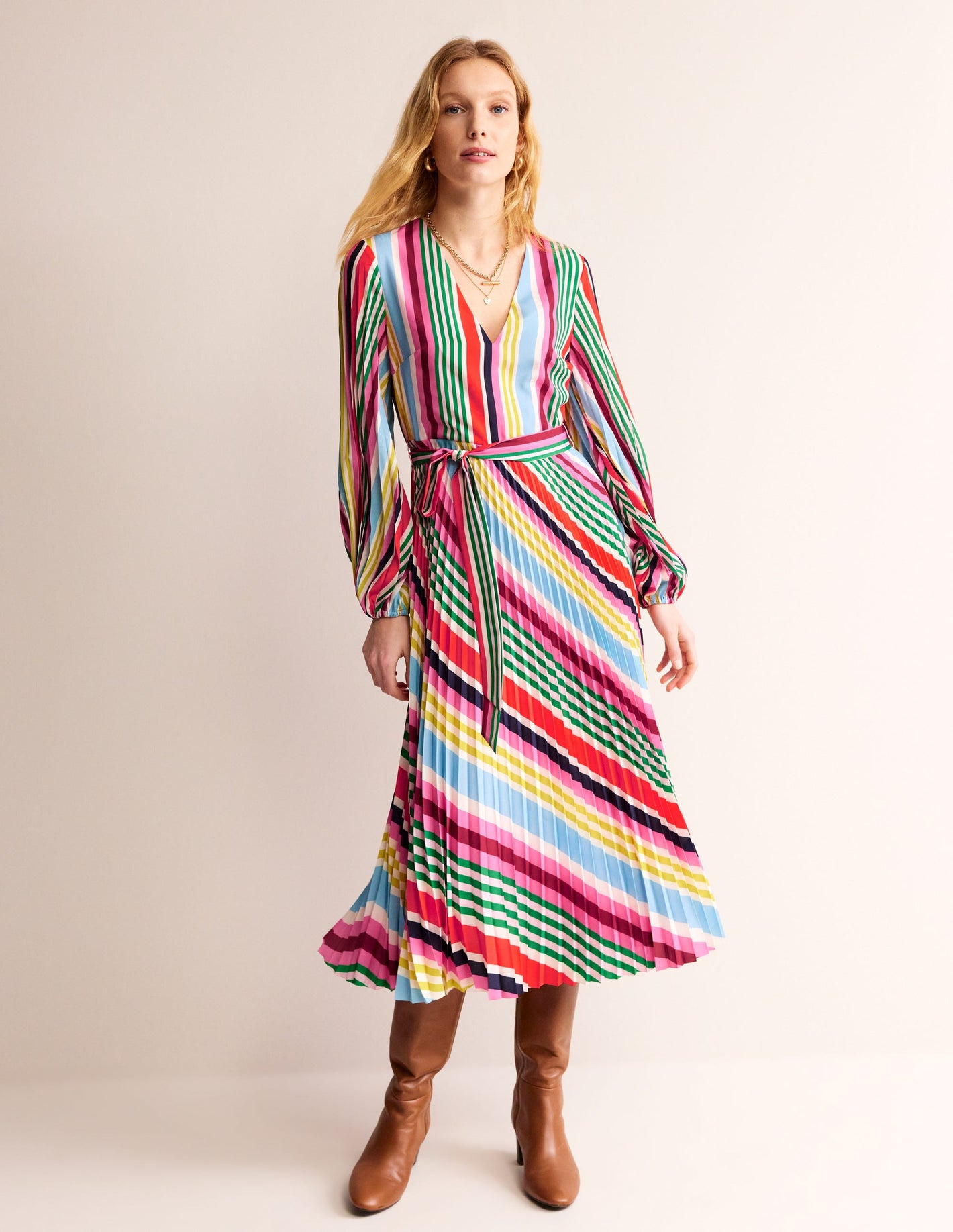 Robe midi plissée à col V-Rayé multi varié