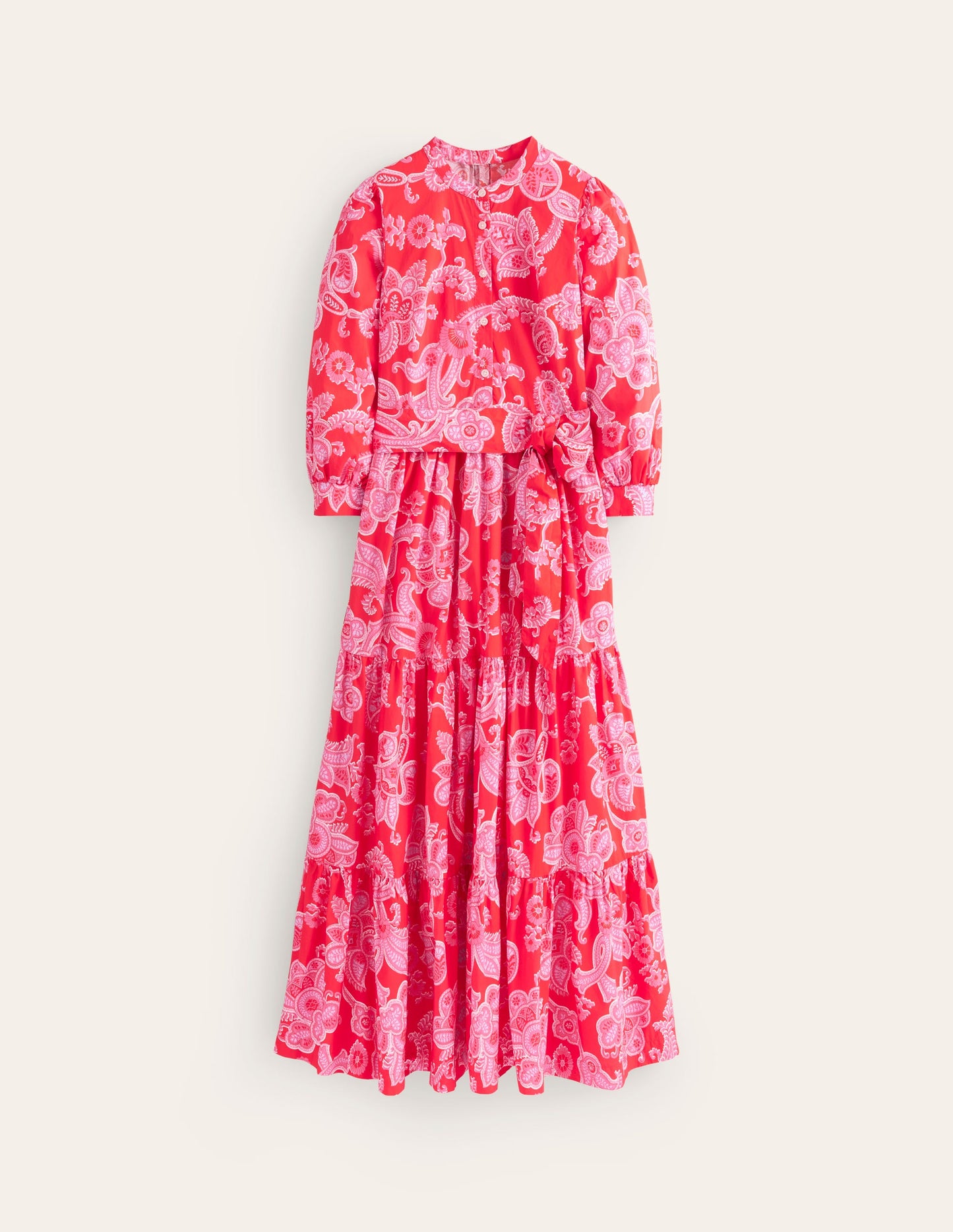 Robe longue Alba volantée en coton-Flamme écarlate, motif Cascade Paisley