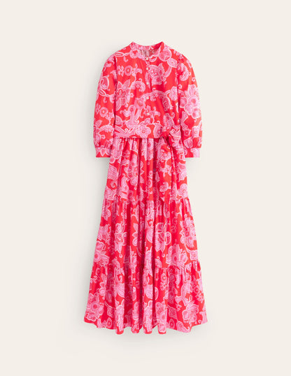 Robe longue Alba volantée en coton-Flamme écarlate, motif Cascade Paisley-7