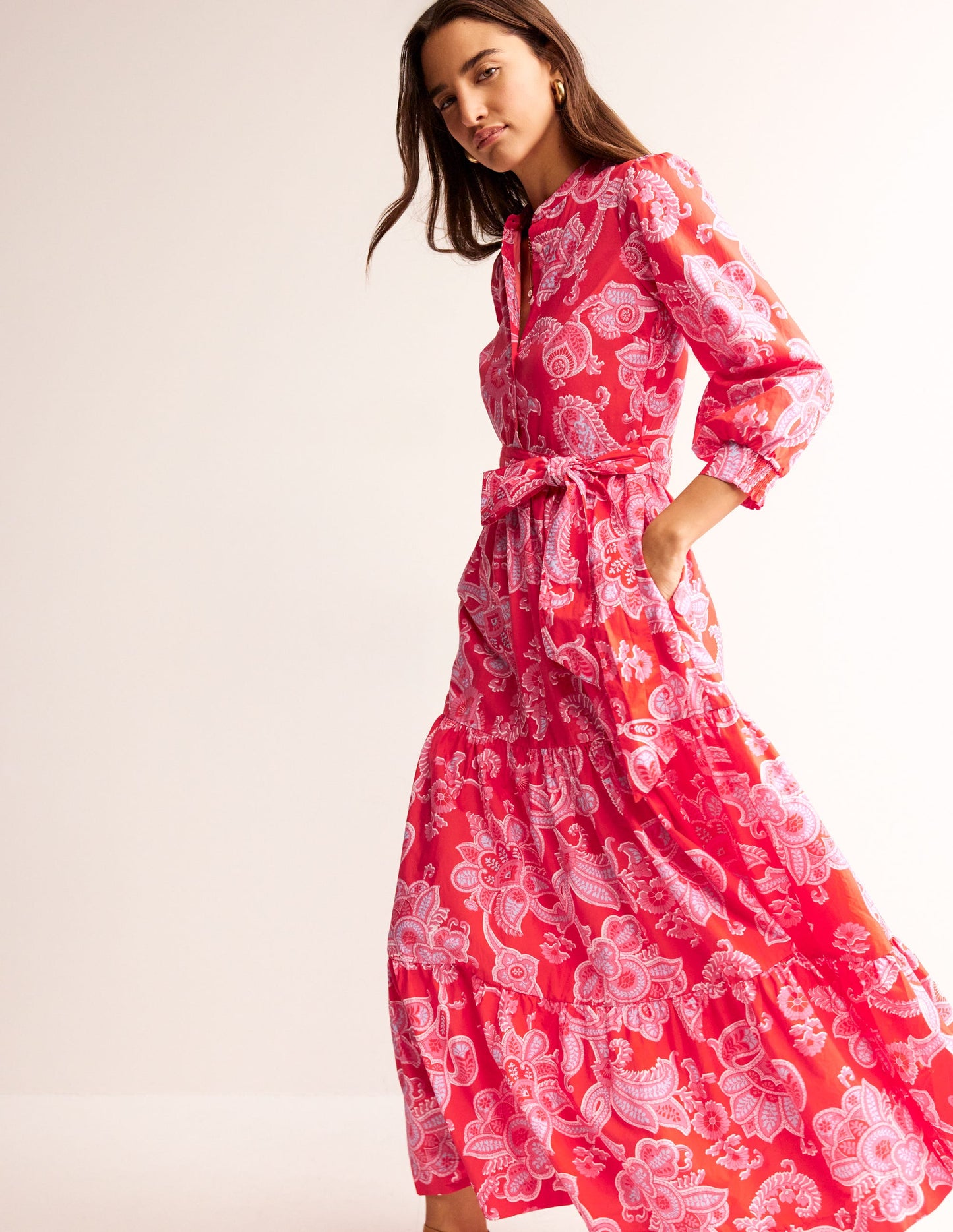 Robe longue Alba volantée en coton-Flamme écarlate, motif Cascade Paisley