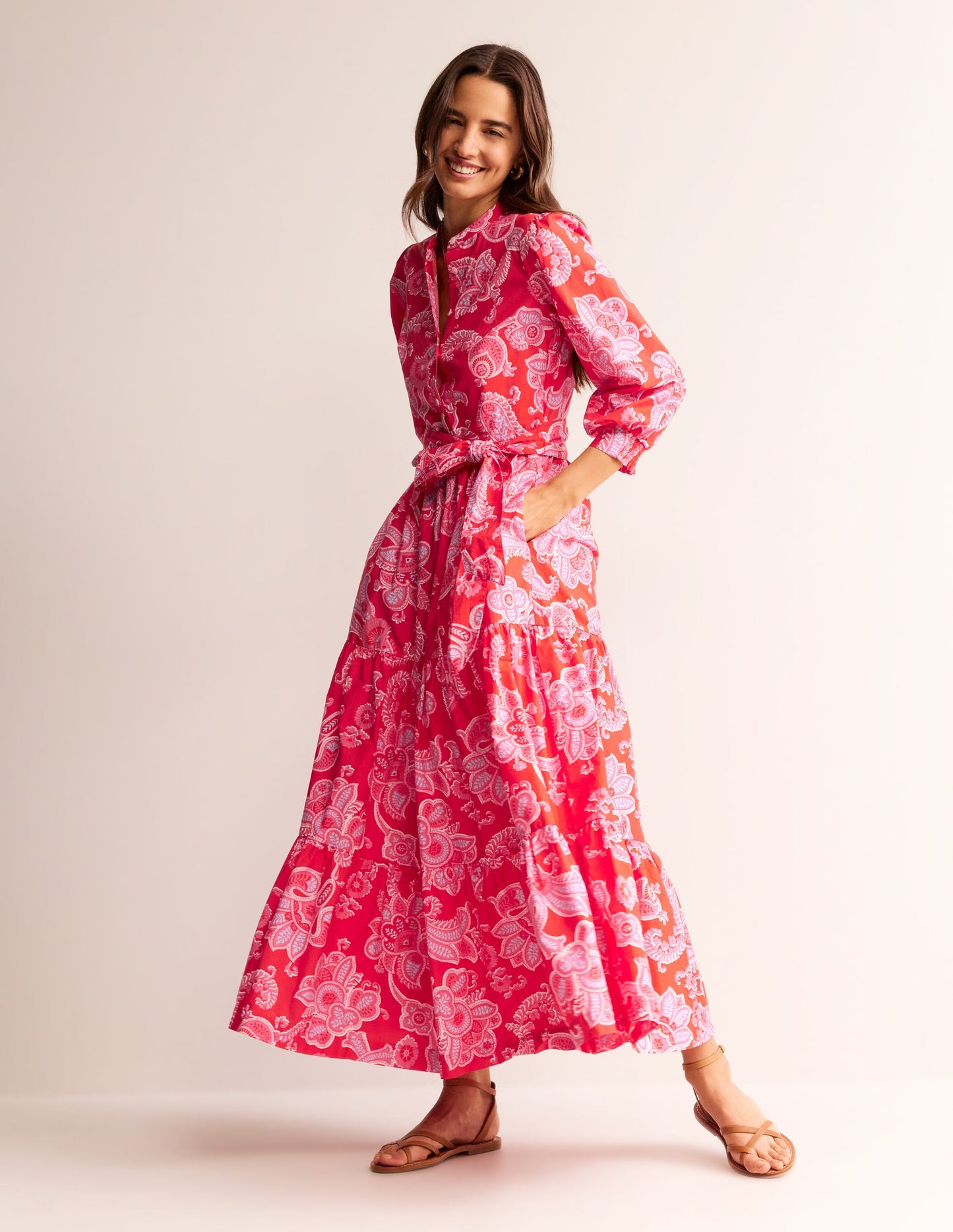 Robe longue Alba volantée en coton-Flamme écarlate, motif Cascade Paisley