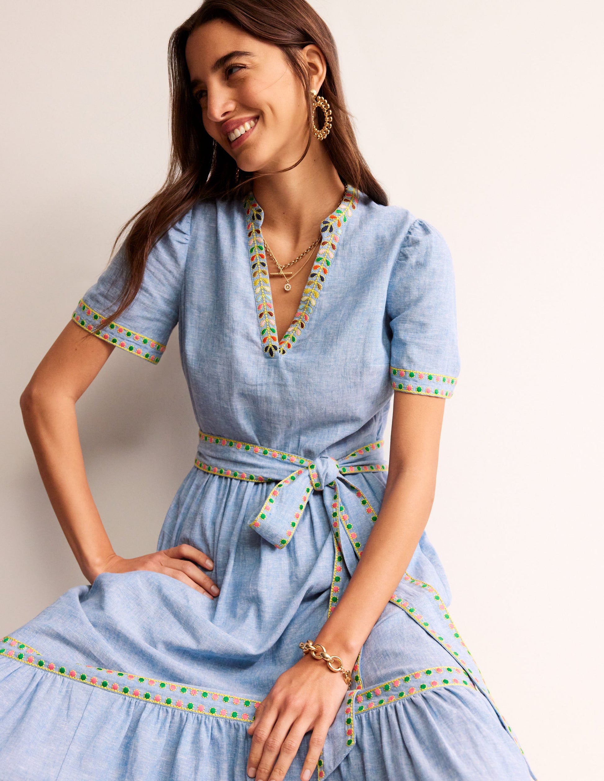Embroidered Linen Blend Dress-Chambray-4