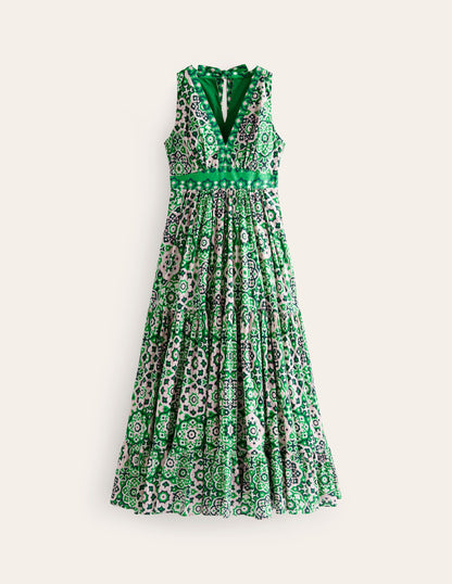 Serena Cotton Tie Maxi Dress-Green Tambourine, Artisian Geo