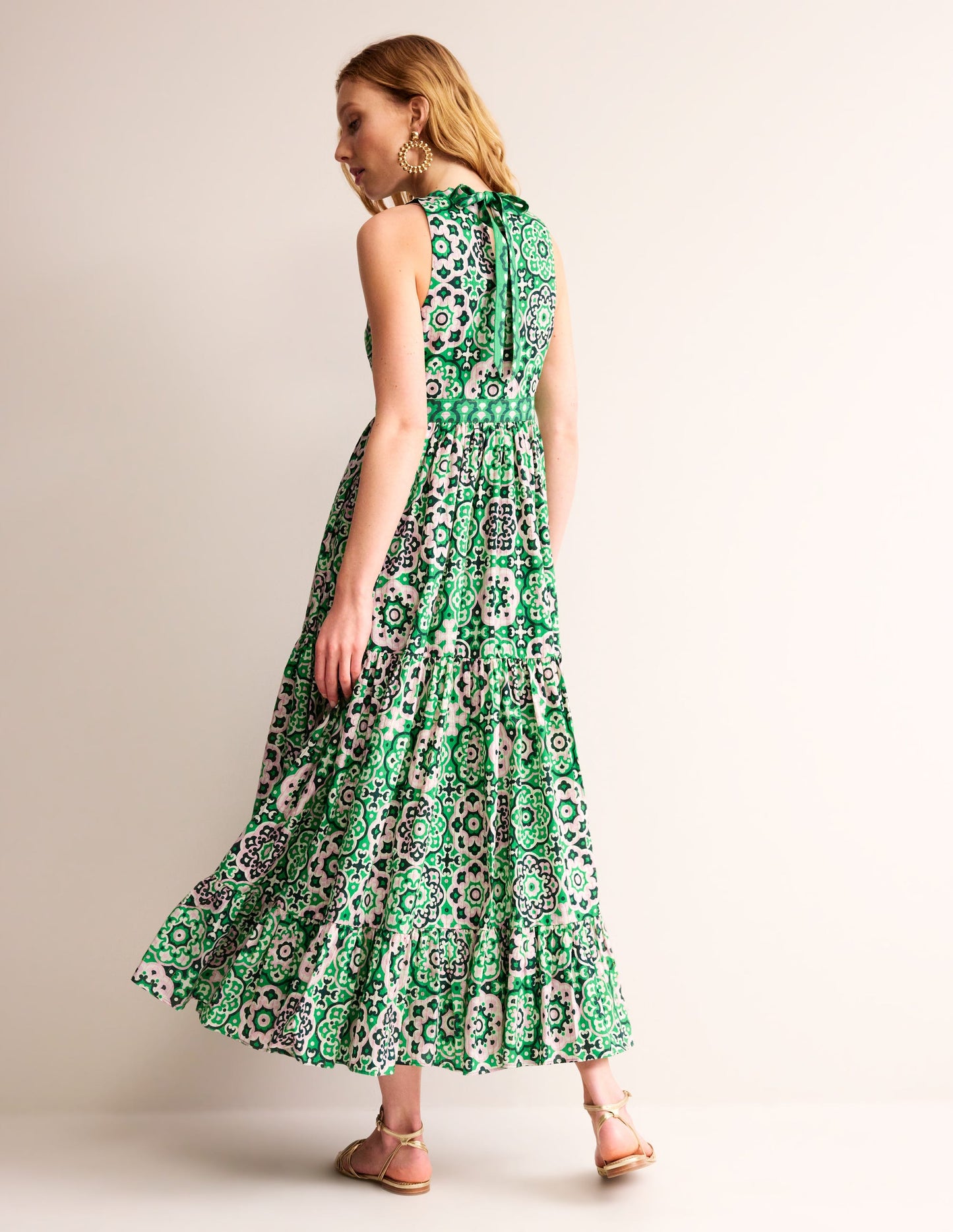 Serena Cotton Tie Maxi Dress-Green Tambourine, Artisian Geo