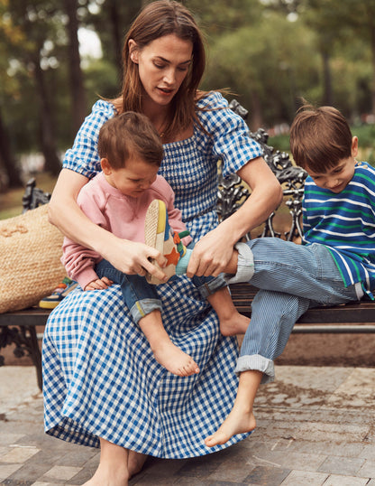 Sky Smocked Linen Midi Dress-Blue Gingham