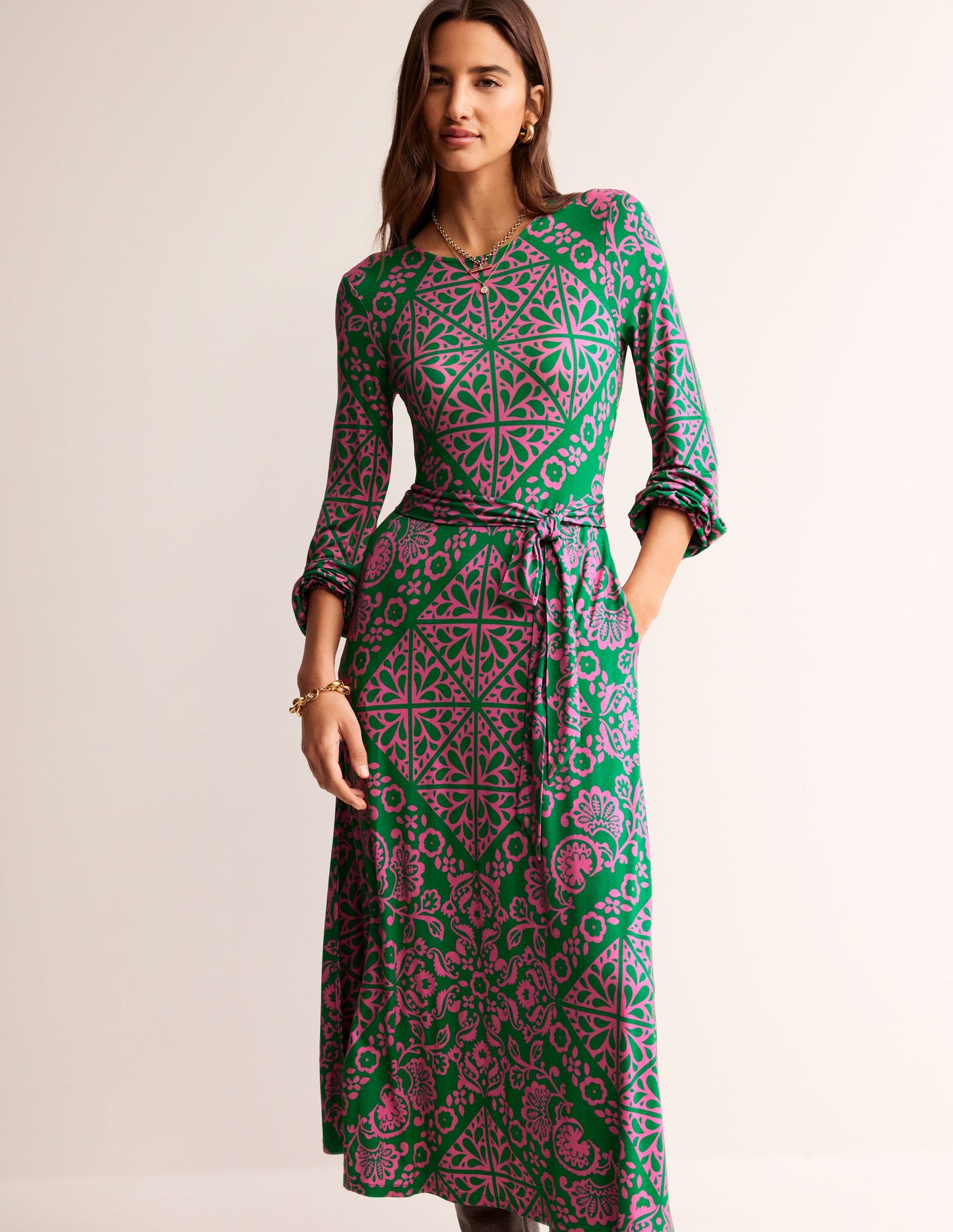 Placement Print Jersey Dress-Green, Mosaic Terrace