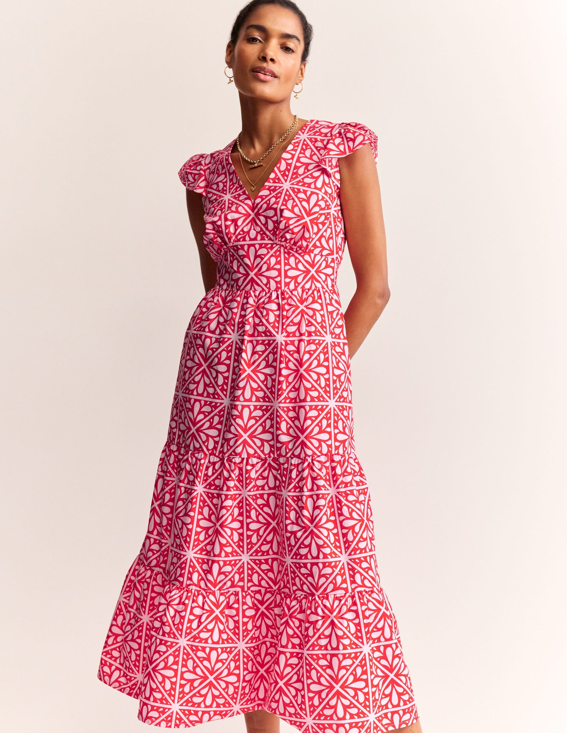 May Cotton Midi Tea Dress-Flame Scarlet, Floral Mosaic-1