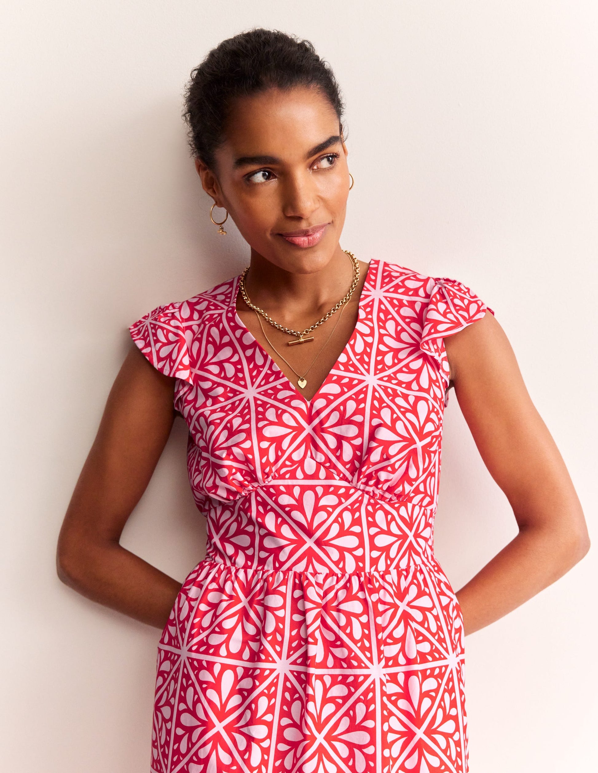 May Cotton Midi Tea Dress-Flame Scarlet, Floral Mosaic-2