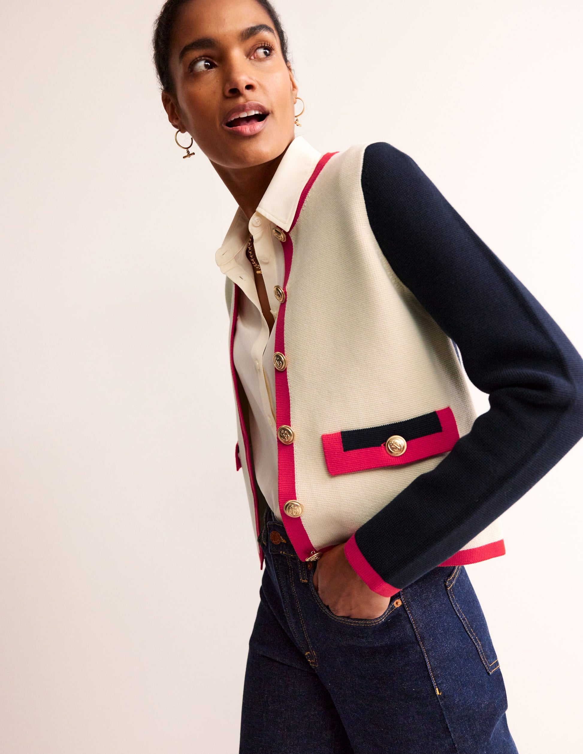 Veste Holly en maille-Ivoire chaud/bleu marine/rouge-1