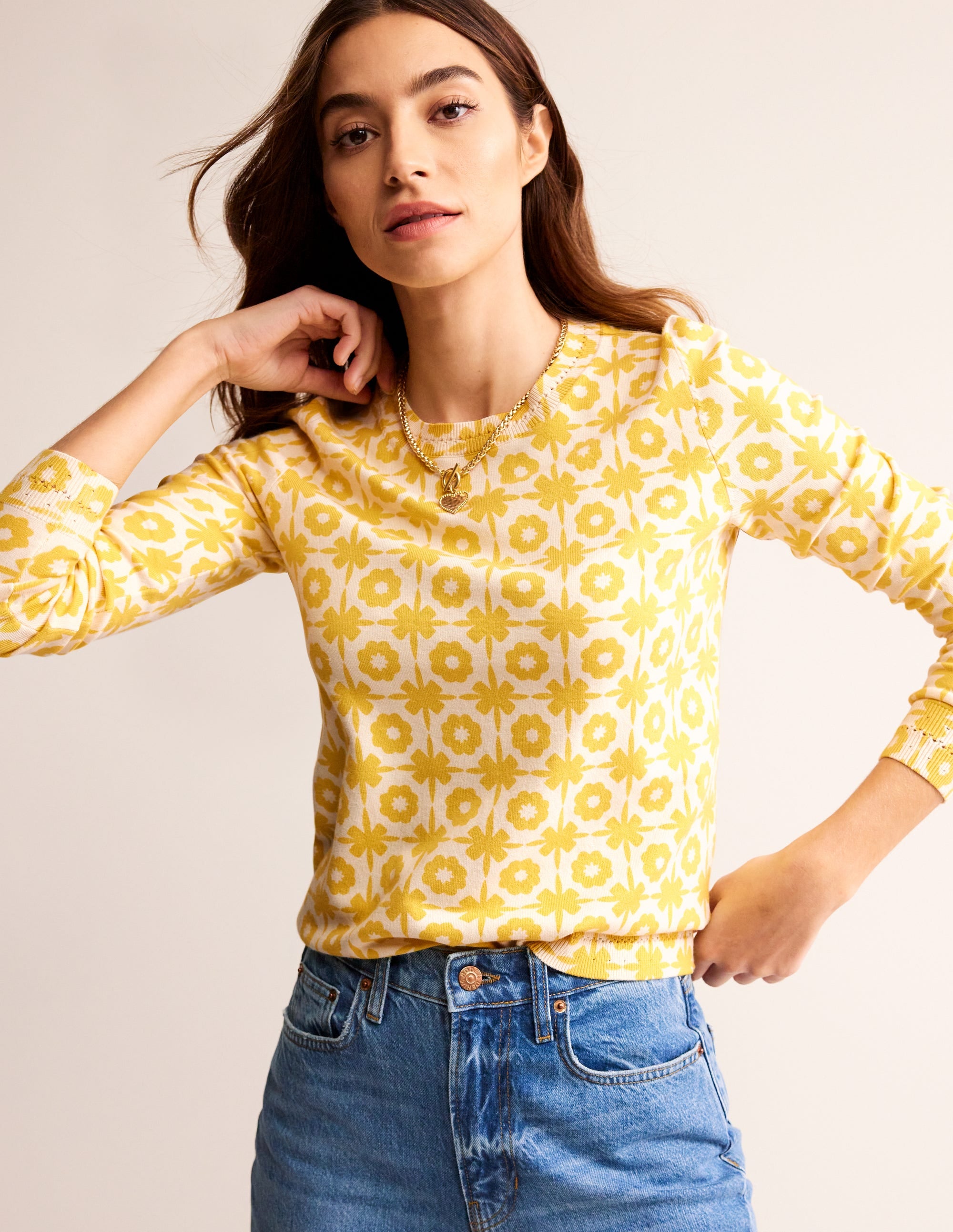Catriona Cotton Crew Jumper-Mimosa Yellow Print - Image 4
