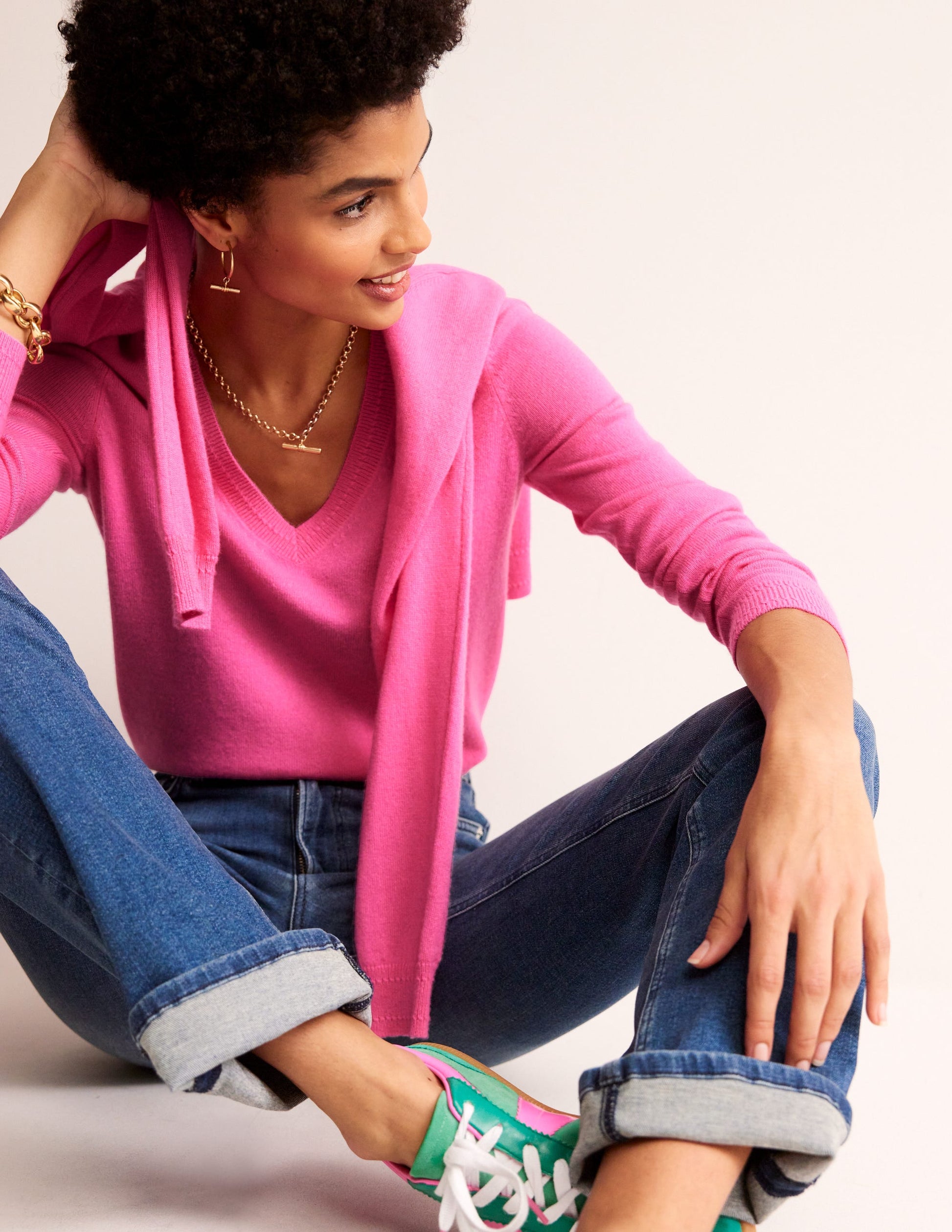 Pull Eva col V en cachemire-Sangria rose-1