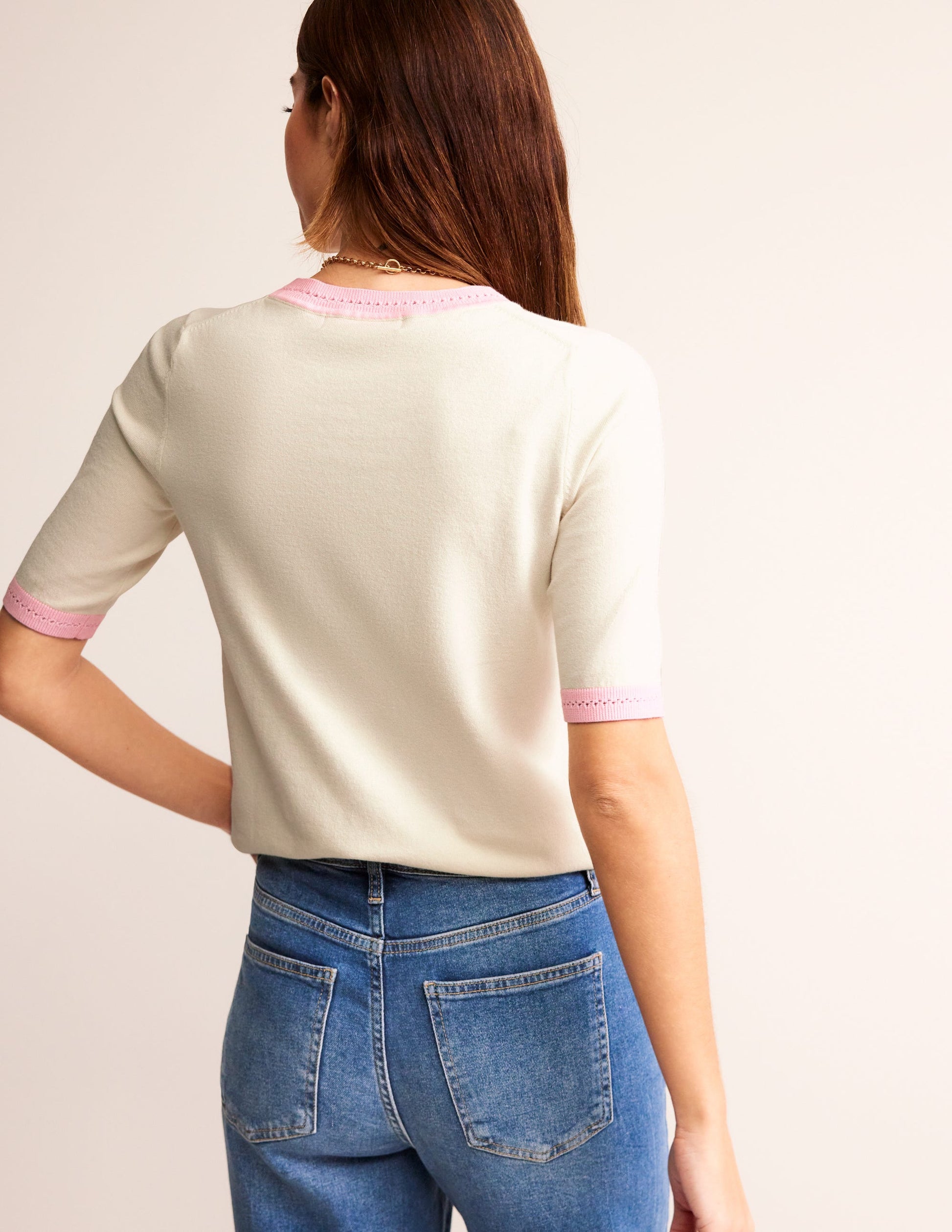 T-shirt col rond Catriona en coton-Ivoire chaud, rose orchidée-3