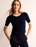 Catriona Baumwoll-T-Shirt mit Rundhalsausschnitt-Marineblau/Warmes Naturweiß