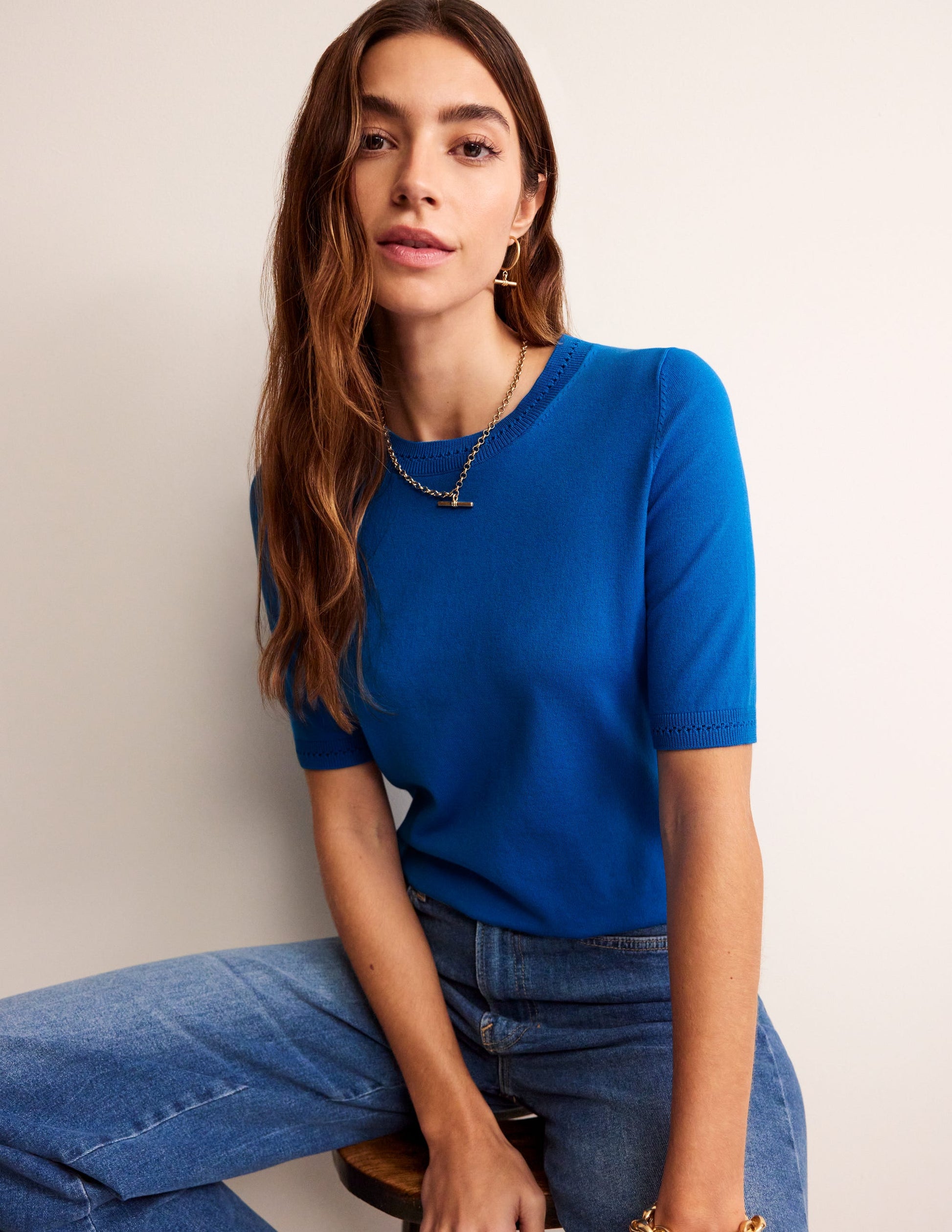 Catriona Baumwoll-T-Shirt mit Rundhalsausschnitt-Leuchtendes Blau-2