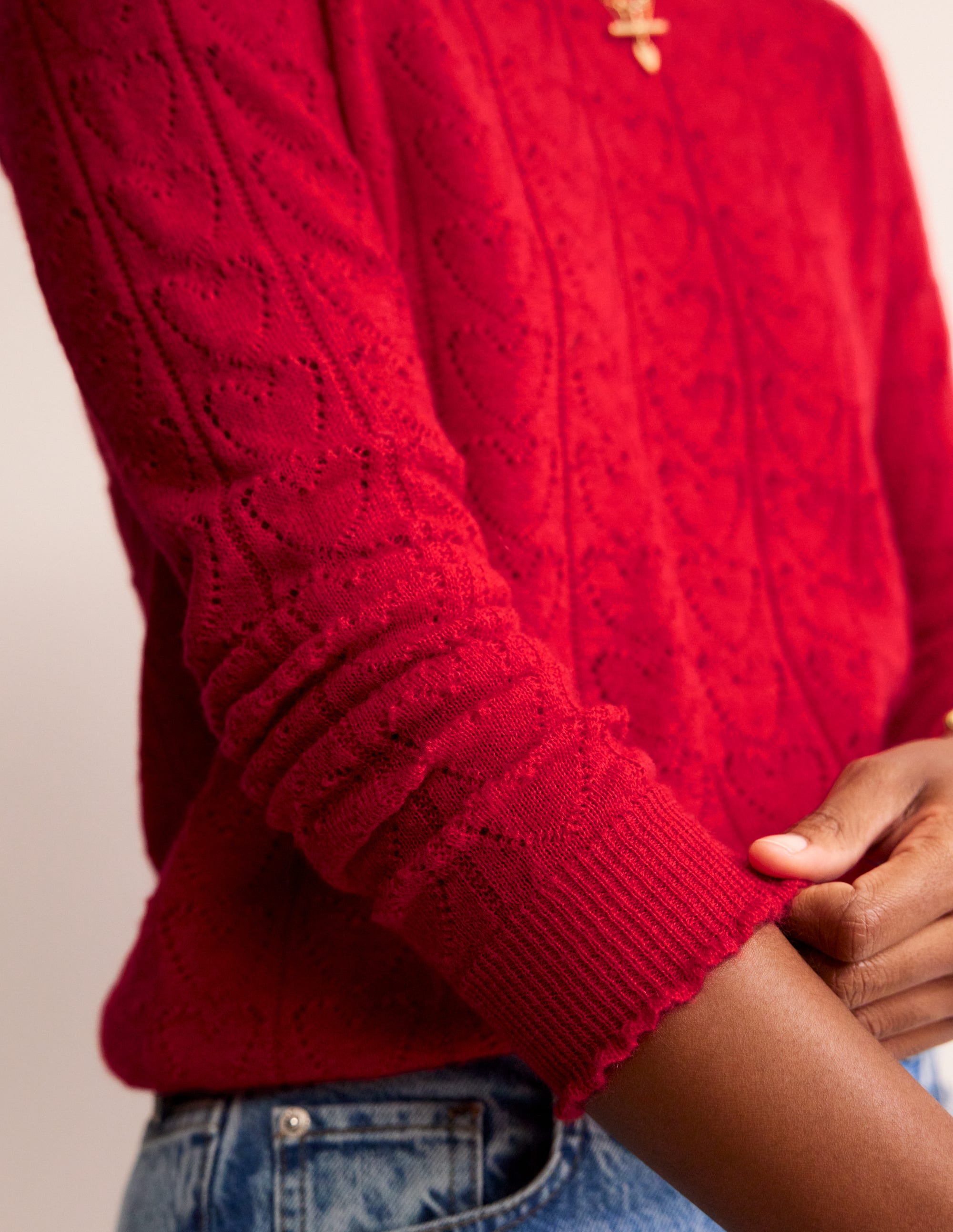 Flauschiger Herz-Pointelle-Pullover-Mohnblumenrot - Image 2