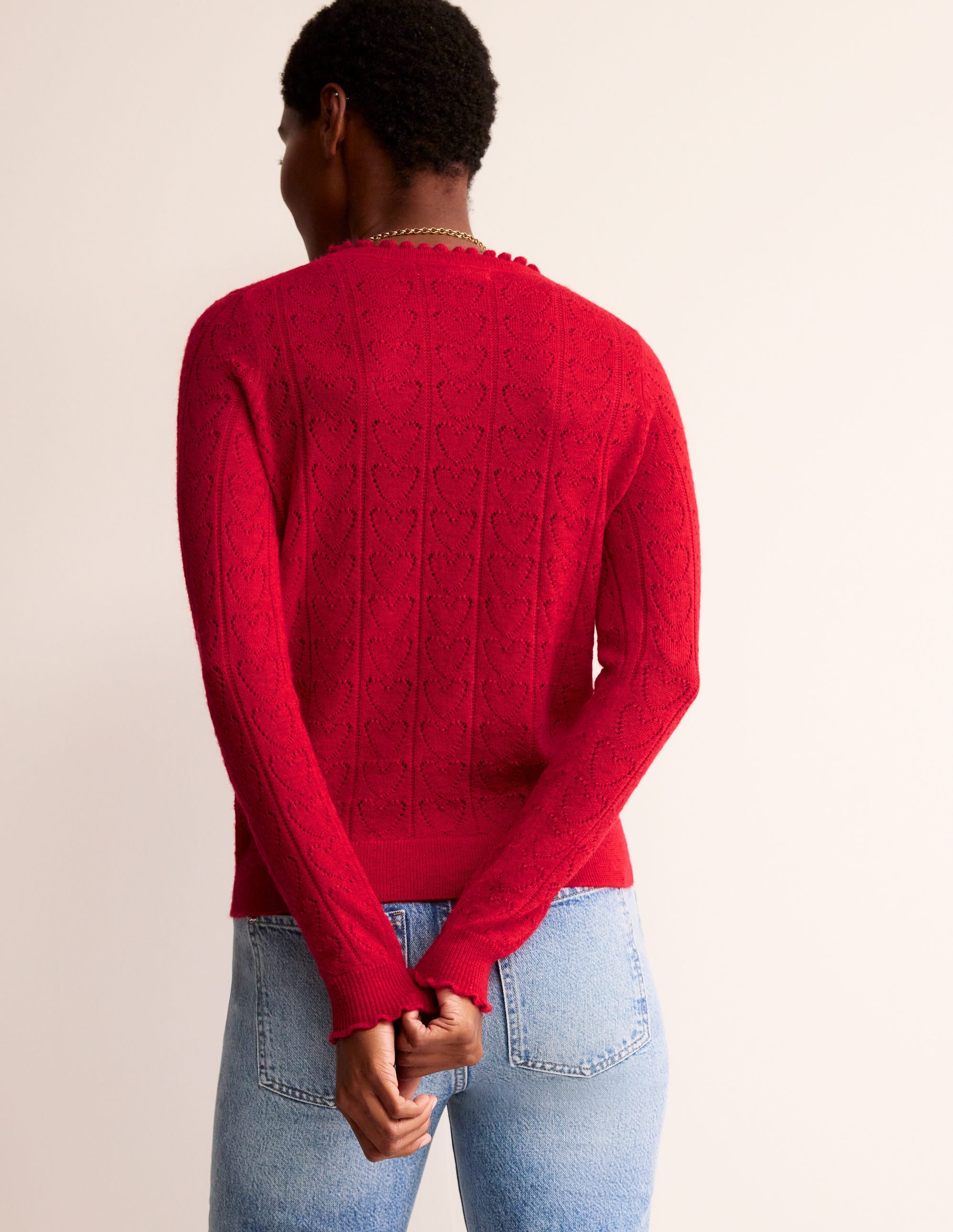 Flauschiger Herz-Pointelle-Pullover-Mohnblumenrot - Image 3